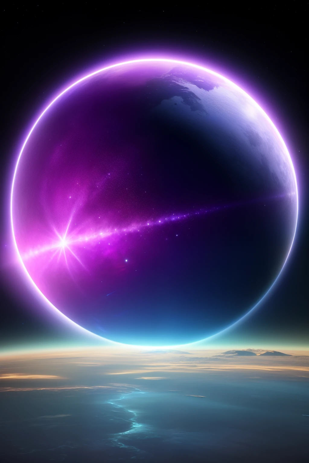 A purple and blue planet with a bright light shining over the horizon ...