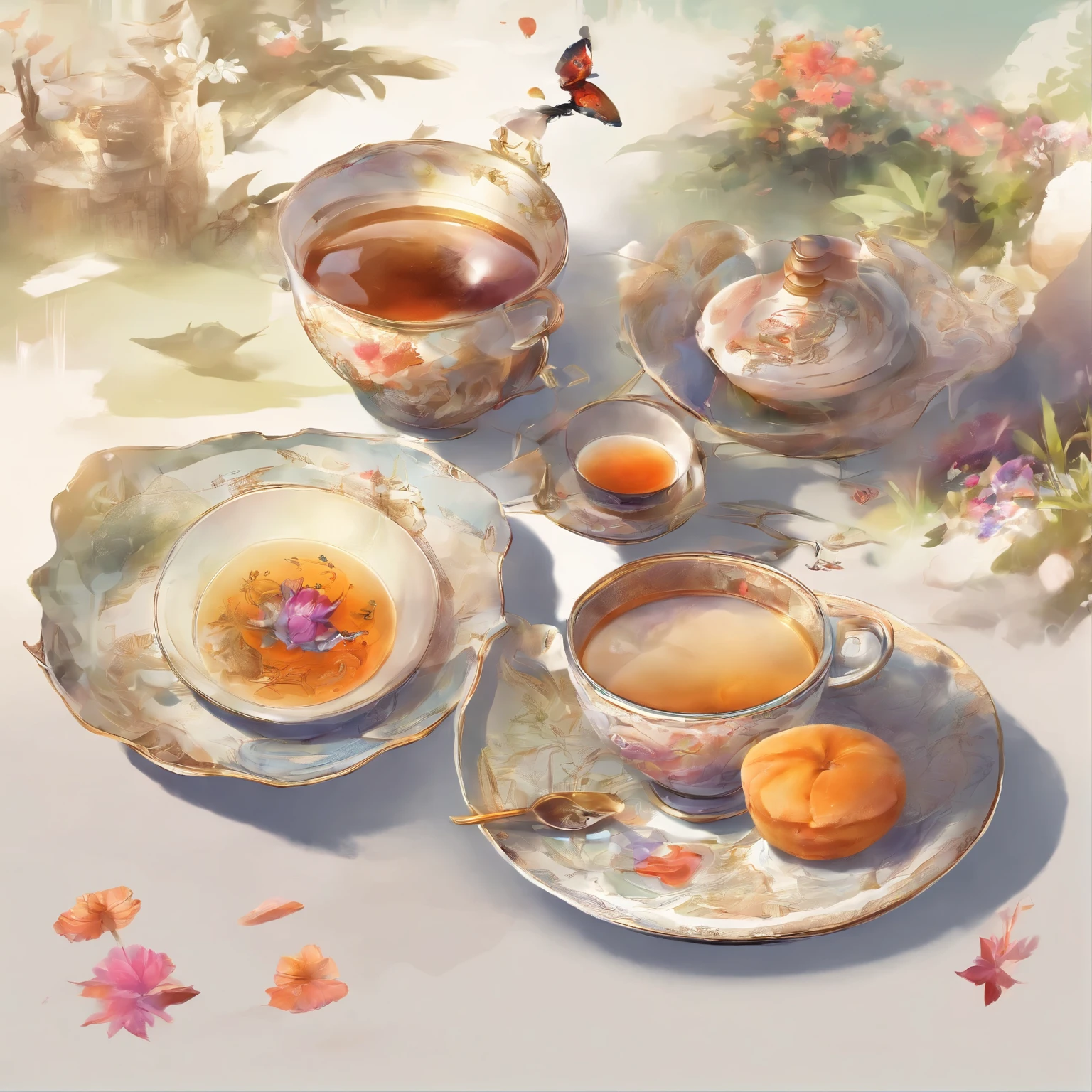 A cup of delicious tea, nice music, and a charming poem., masterpiece, highest quality、Super high quality、transparency、Time of rest and relaxation、32K、