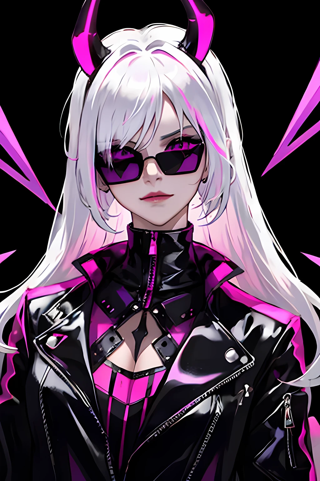(masterpiece:1.2, best quality), (real picture, intricate details), (1lady, solo, upper body, big tits) Cyberpunk anime girl , devil mask, stylish pose, white hair, smirk, neon purple and pink touch, glow_in_the_dark, holographic, leather jacket, simple neon glow background, stylish hair, black_tinted_sunglass, ((perfect shapes sunglasses)), graffti wall background, dramatic light