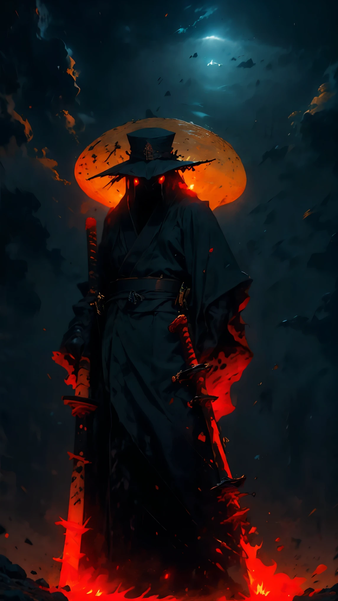 (Mejor calidad,ultra detallado),oscuro,wet,gotas de lluvia artificiales cayendo,ancient japanese warrior standing in the rain,japanese traditional bamboo hat(kasa),paisaje de bosque denso,naturaleza majestuosa y serena,luna llena brillando intensamente en el cielo nocturno,kimono negro con rayas rojas fluorescentes que brillan a la luz de la luna,espada samurai afilada y desenvainada(katana),