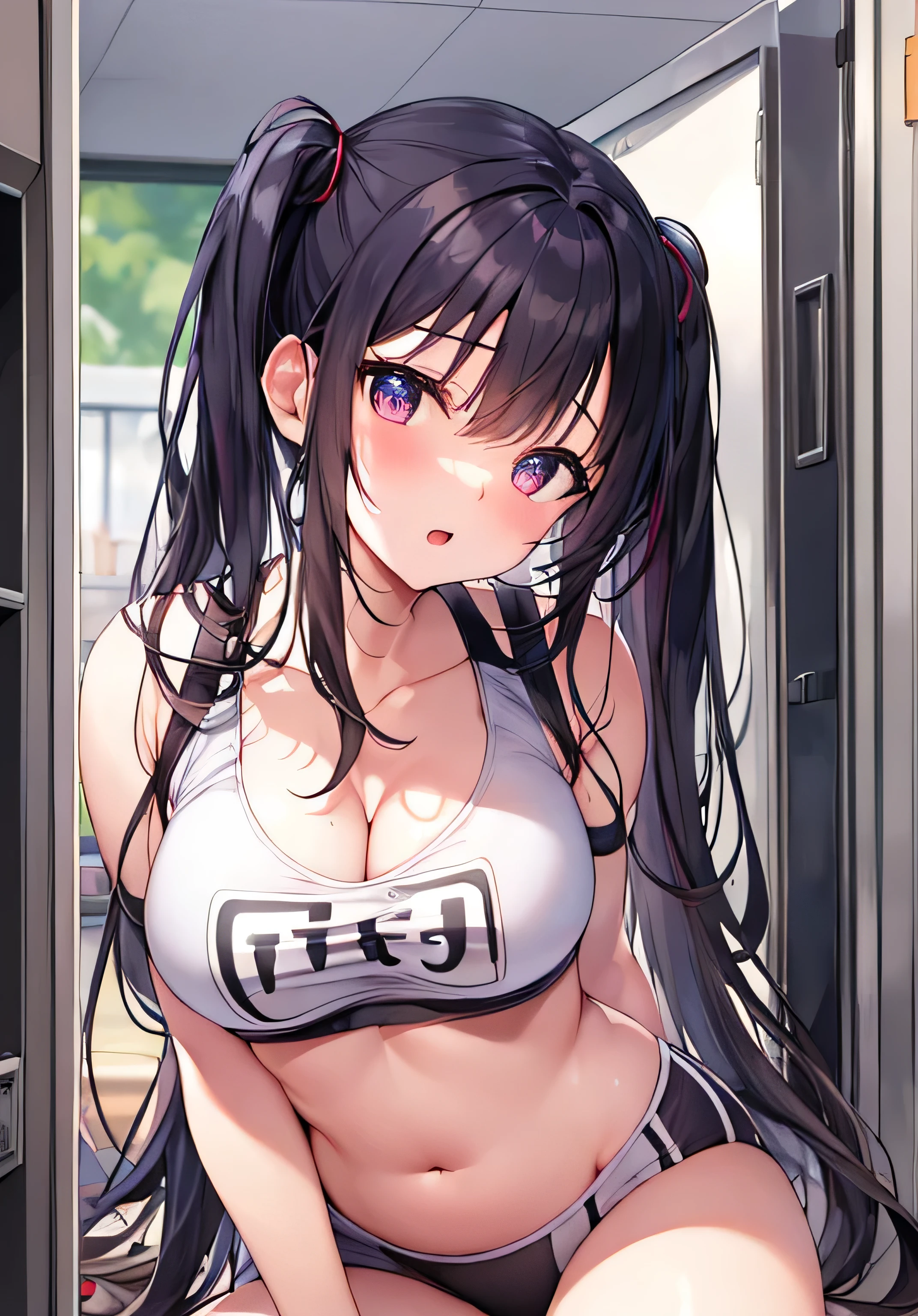 masterpiece、best image quality、ultra high resolution、teenage girl with big breasts、twin tail hairstyle、black hair、red face、shyly、mock、Open your mouth just a little、Sports bras for teenage girls that show cleavage、Well-shaped belly button、sports briefs for teenage girls、Sitting on a locker bench with legs apart、Inside the locker room