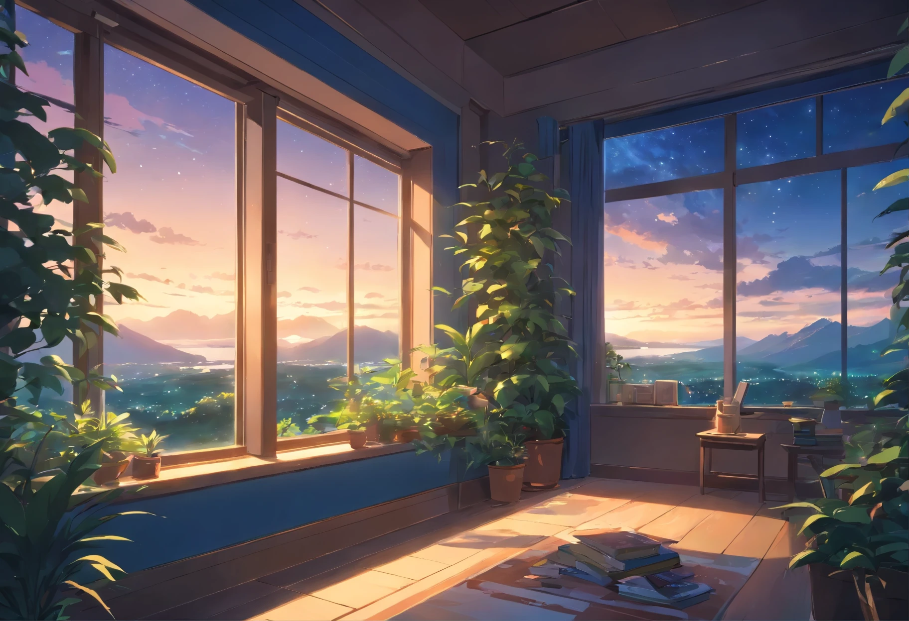 An up-close photo of a large window full of plants and books overlooks a breathtaking landscape and beautiful nature, night time