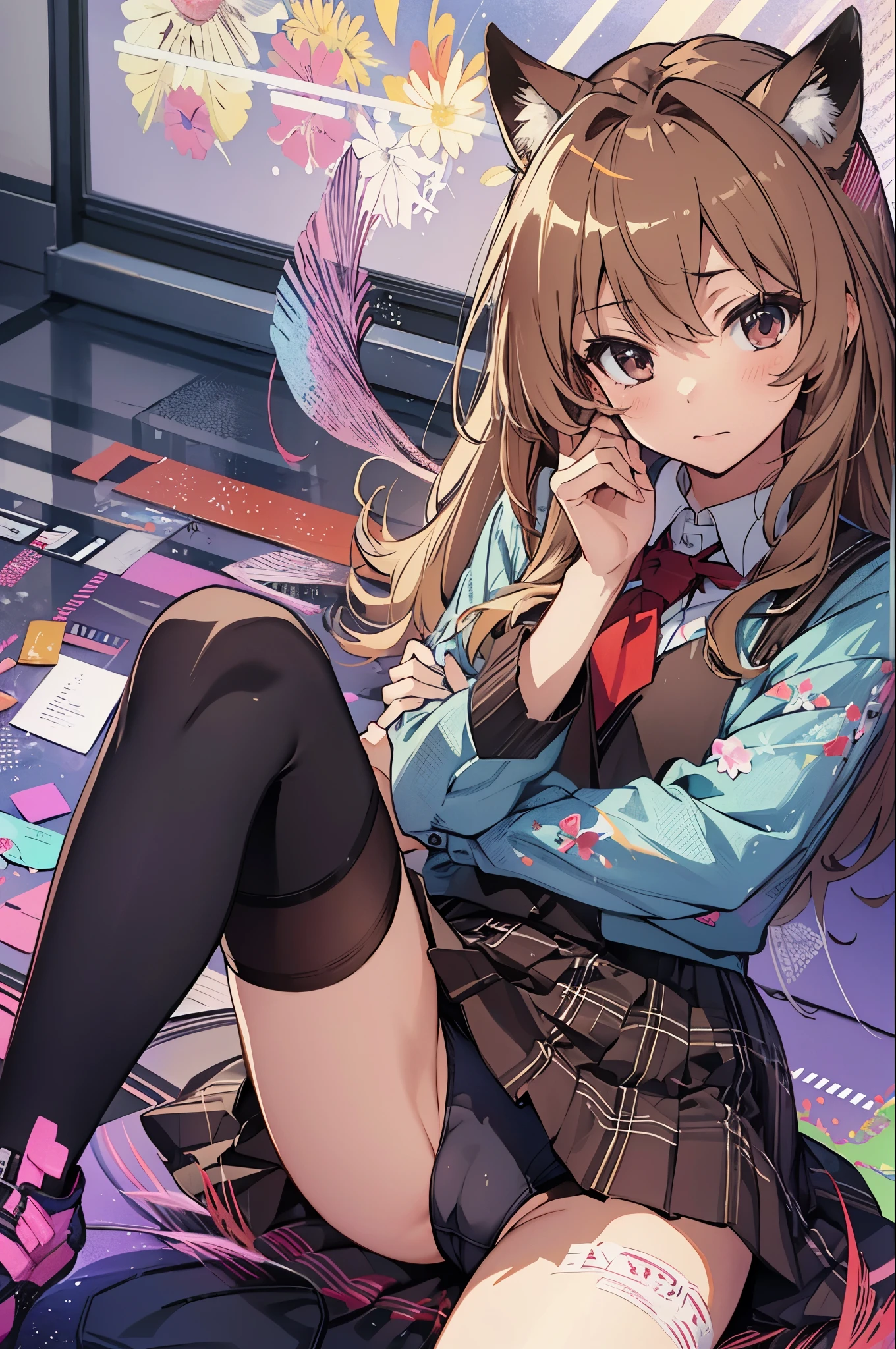 (masterpiece),(highest quality),(super detailed),(Best Illustration),(best shadow),(disorganized),(detailed background), upper body,Taiga Aisaka, 1 girl, alone, short stature,flat chest,long hair,light brown hair,brown eyes, aisaka taiga, Thighhighs, red school uniform, brown hair, oohashi high student uniform,blue mini skirt, zettai ryouiki, kneehighs,sitting, machine, classroom,embarrassed ,blush,(spread legs:1.3),(legs up),(cameltoe:1.3),