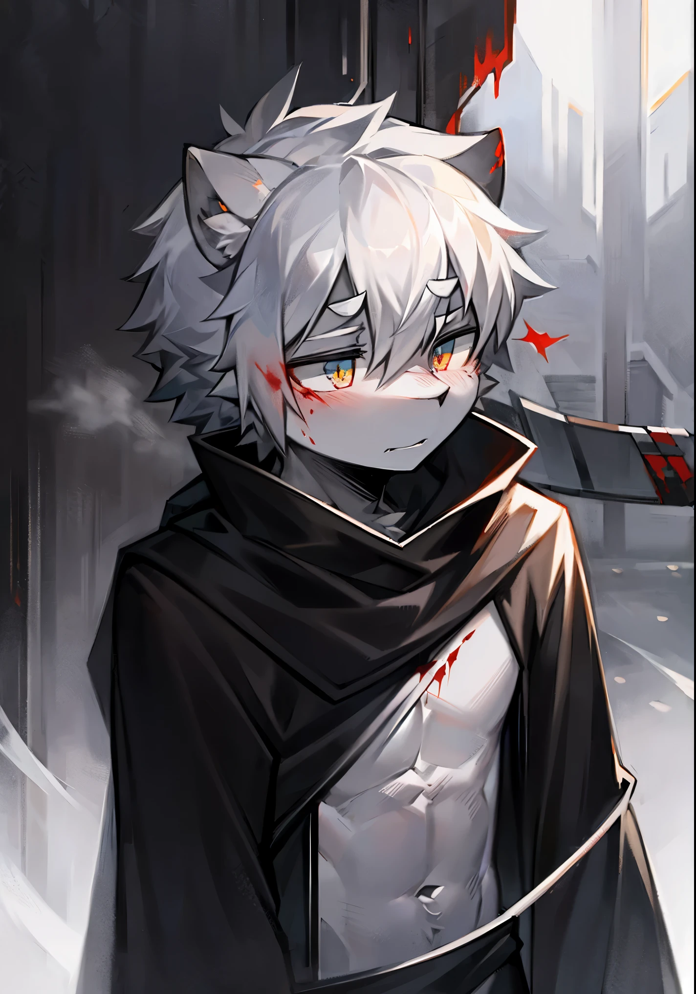 man,dark warehouse background,gray male white tiger,Tough expression,long hair,naked,Gray scarf that covers the mouth,Scars all over the body and face,Ninja,long hair,big bust,Take off your panties,sweating,Closing your eyes,shame,penis,fixed position