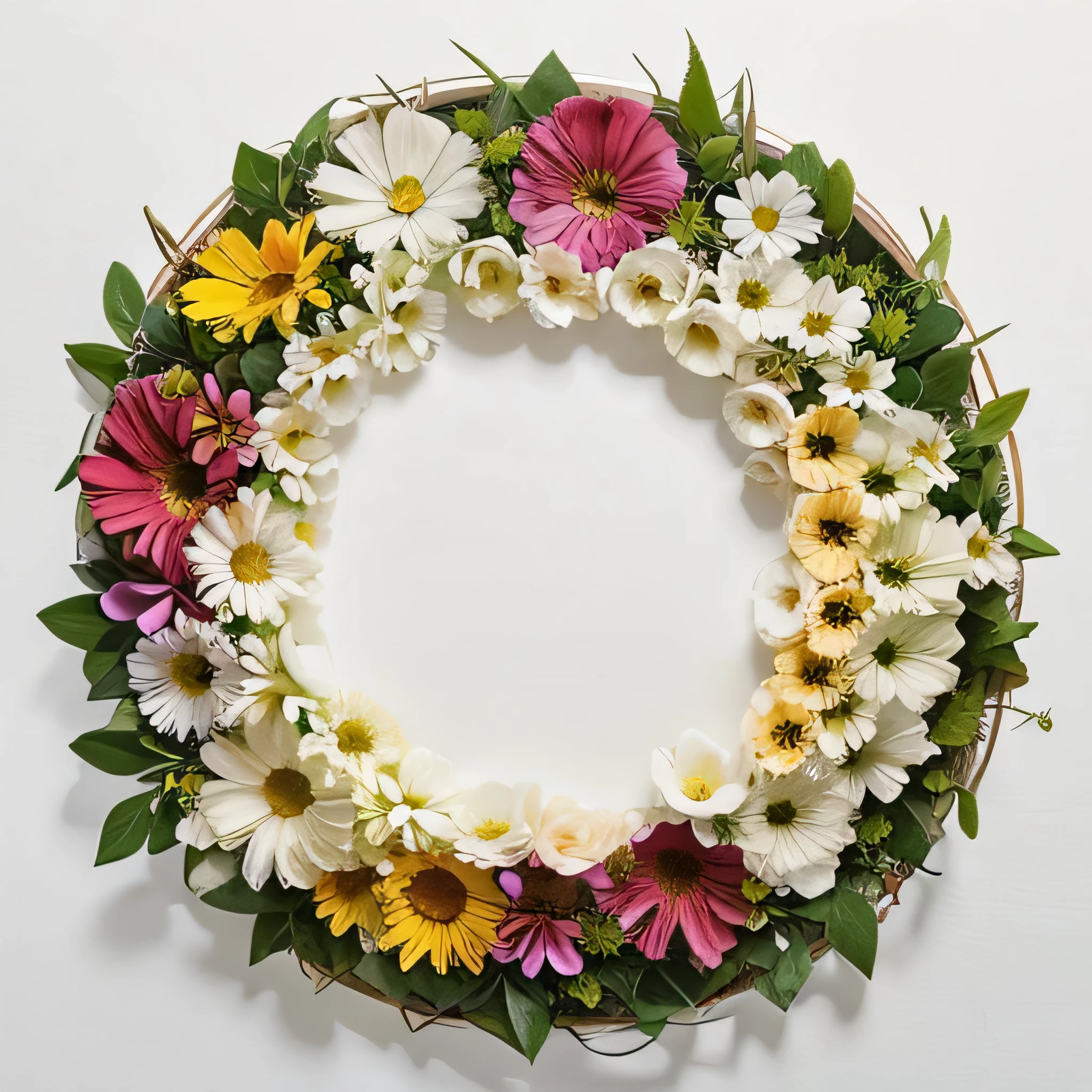 An array of beautiful flowers on white background, above view