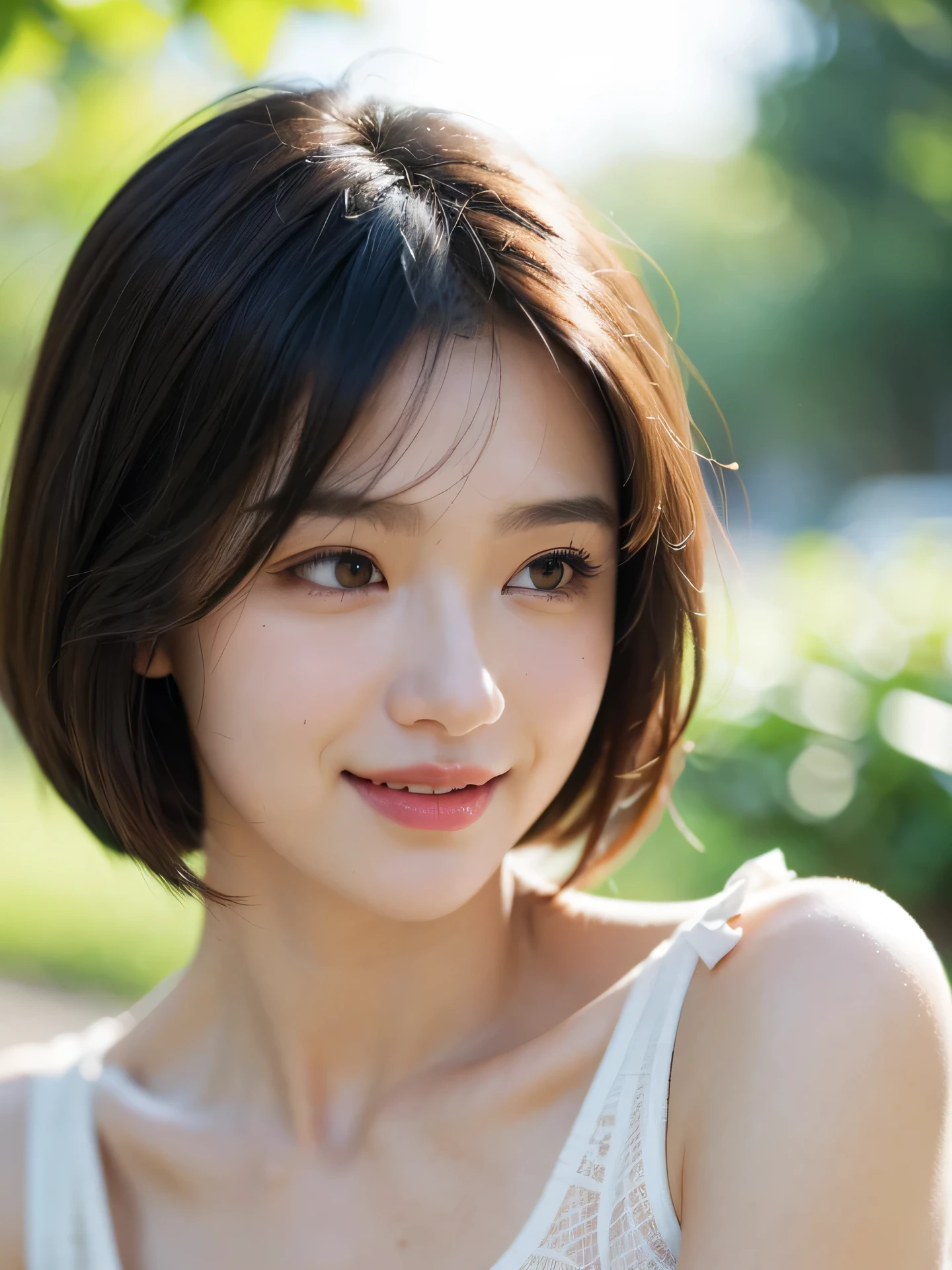 masterpiece, highest quality, RAW photo, 8k, 1 girl, close, cute, Girly, shy, embarrassing, smile, focus on the face, (the face is in focus:1.2) Fine and beautiful skin, Backlight, soft light, luminescent, look away, anatomically correct, short hair, bangs, Eye and face details, rough skin, professional photography, Bokeh, portrait, professional lighting, alone, film grain, blouse,