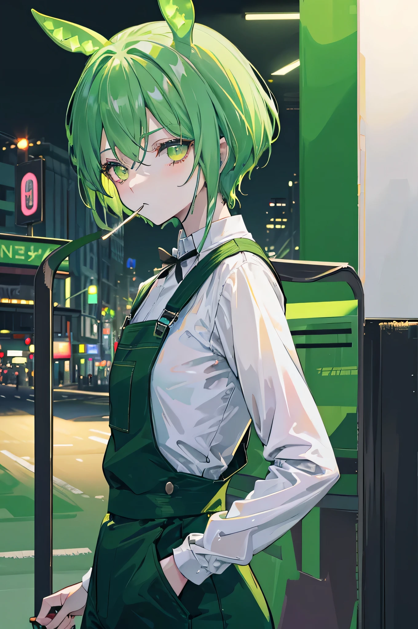 high quality, (shape:1.2), (Super detailed), dark green hair,eyes are yellow,white shirt,green overalls,City of night,neon street, he is smoking a cigarette,high contrast, (best illumination, very delicate and beautiful), ((cinematic light))