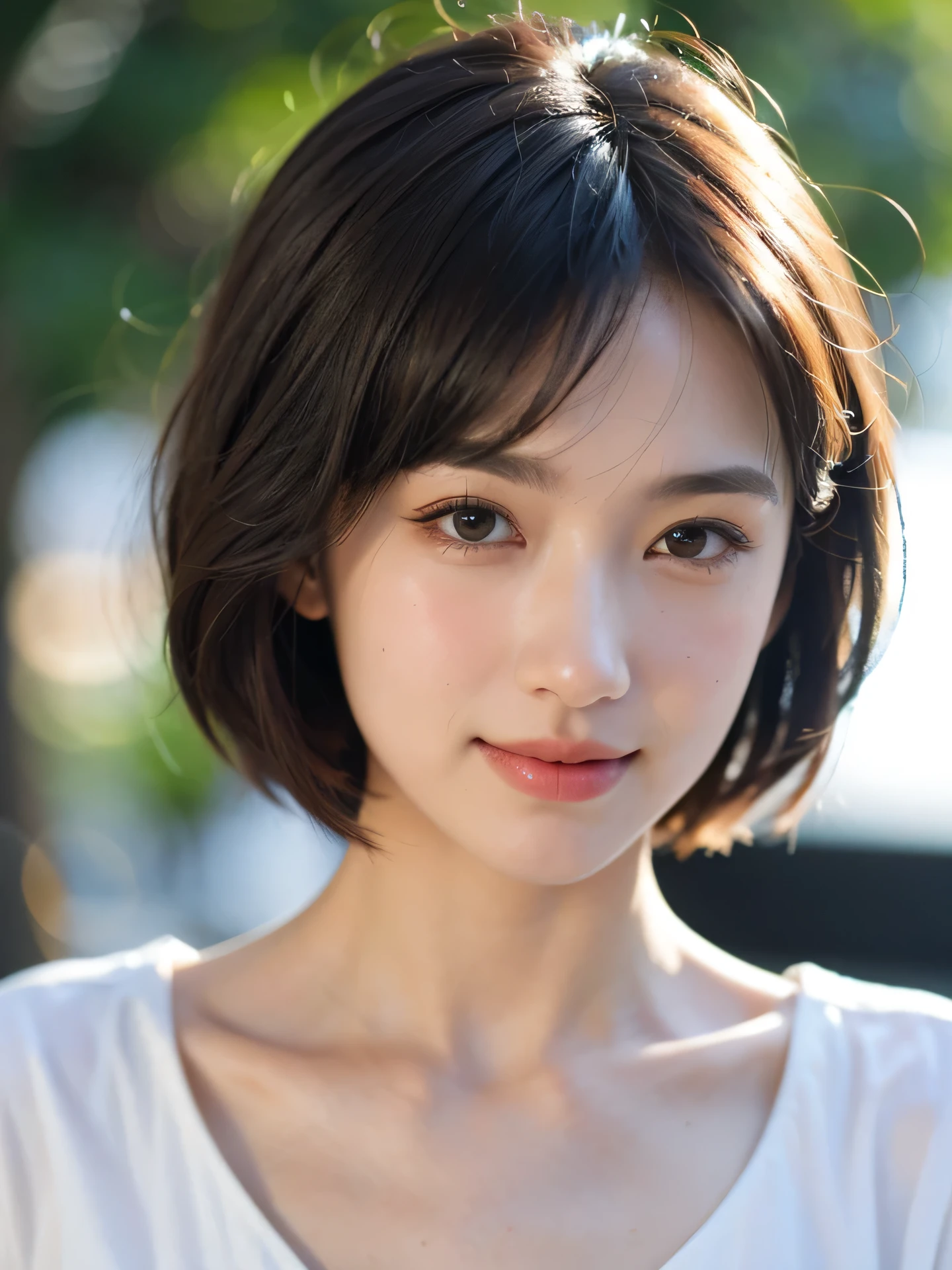masterpiece, highest quality, RAW photo, 8k, 1 girl, close, cute, Girly, shy, embarrassing, smile, focus on the face, (the face is in focus:1.2) Fine and beautiful skin, Backlight, soft light, luminescent, look away, anatomically correct, short hair, bangs, Eye and face details, rough skin, professional photography, Bokeh, portrait, professional lighting, alone, film grain, blouse,