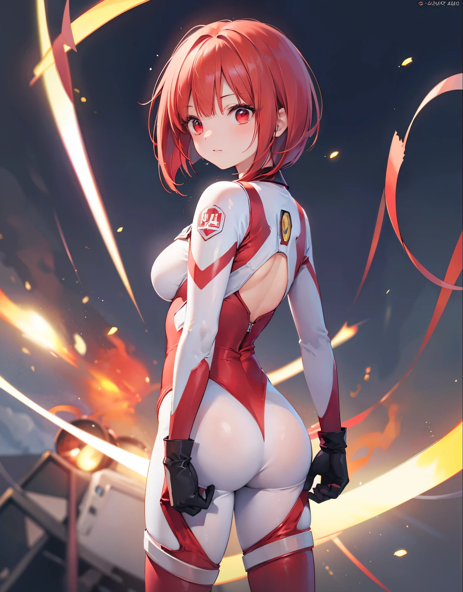 realistic,highest quality, ultra detail, High quality CG drawing, The most delicate and beautiful, Floating gently, High resolution, (1 girl), (Highest image quality,4K,8K,masterpiece:1.2),(all red hair:1.5),(short bob:1.5),(red eyes:1.5), (ultra girl :1.0), (All red Ultraman bodysuit:1.4),slightly bigger breasts,red gloves,(Turn your back to your audience:1.3),butt,Upper body