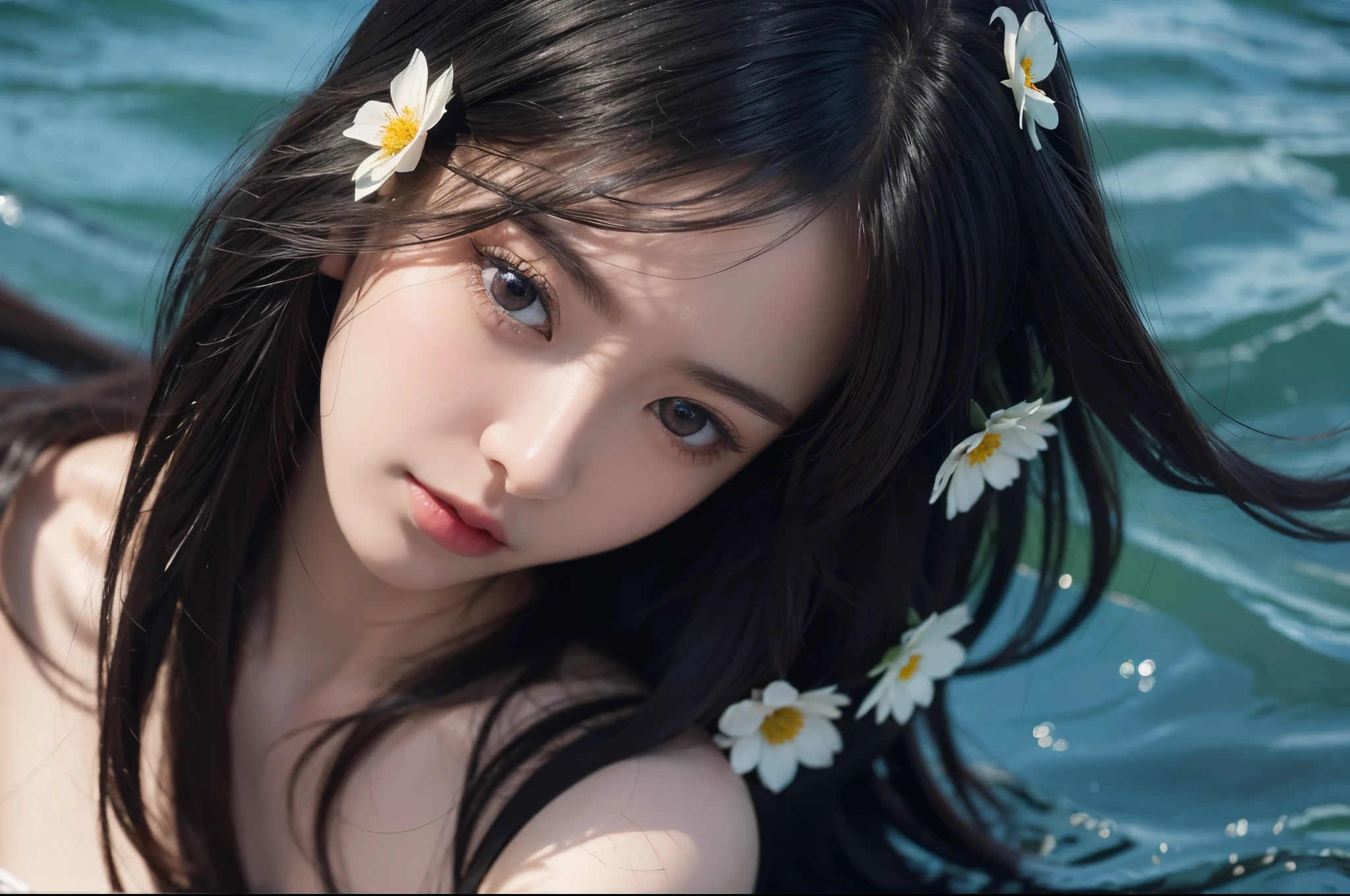 Extremely detailed CG groups，8k wallpaper，best quality，noon，beautiful details water，long black hair，Nice detail girl，serafuku，look directly，eyeball，hair flower，close up