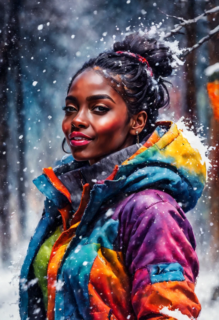 Ebony girl enjoying snowfall, colorful winter outfit stands out, energetic and lively scene.
Style by Gabriele Dell'otto, AI Midjourney, bright saturated colors, watercolor, oil paints,   HDR, 500px, 4k,