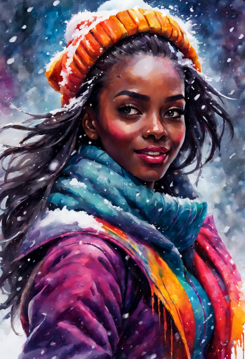 Ebony girl enjoying snowfall, colorful winter outfit stands out, energetic and lively scene.
Style by Gabriele Dell'otto, AI Midjourney, bright saturated colors, watercolor, oil paints,   HDR, 500px, 4k,