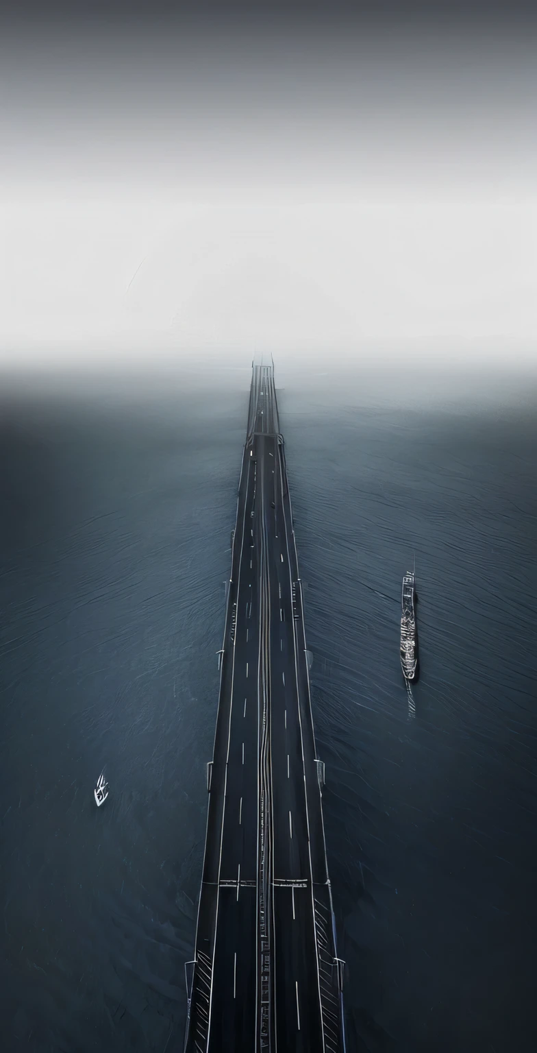 Realistic style,overlooking angle,sea background,There is a cross-sea bridge in the center of the picture,There are a few cars driving on the bridge,There is a big ship on the left,There is a boat on the right,There are waves on the sea,dark tones。