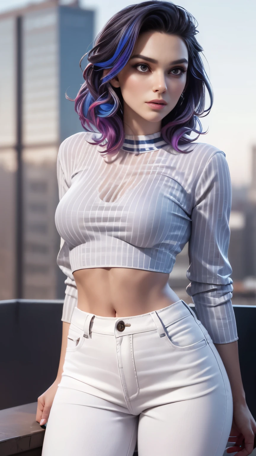 photo of celebrity, RAW, beautiful woman, ((portrait)), ((detailed face, colorful rainbow hair:1.2)), ((detailed facial feature, detailed skin, clear skin, parted lips), (perfect proportioned body, medium breasts, cleavage), (wearing a tight ((white)) crop top, blue skinny jeans wearing stripes: 1.5)), (high detailed apartment balcony in the city: 1.3), (realistic photo, best quality, detailed), (8k wallpaper), (cinematic lighting, dramatic lighting) (sharp focus, intricate)