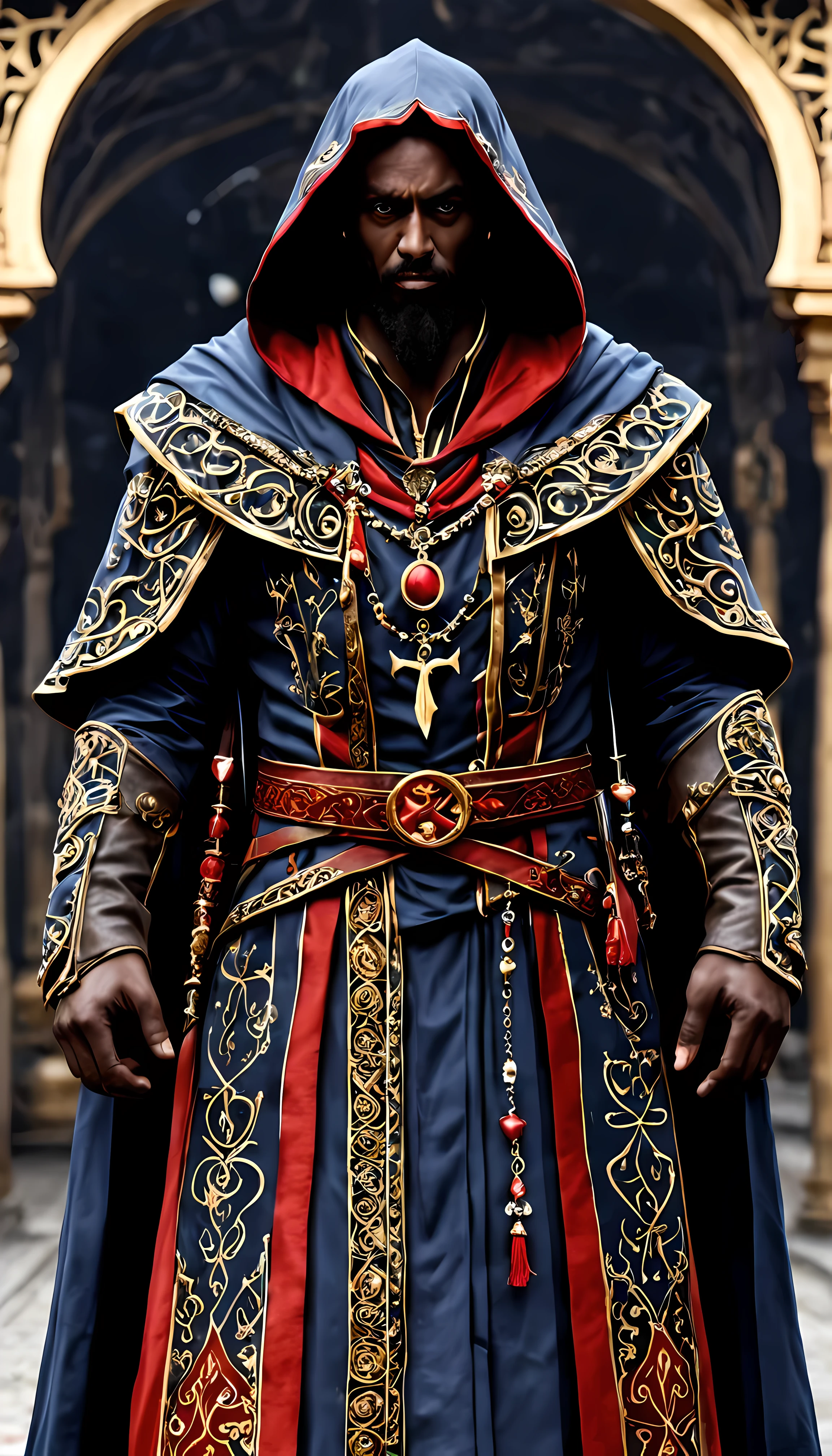 Front view of brilliant Malakar, a powerful dark wizard with magical aura, he has tall and slender figure, wearing dark blue and red flowing robes made of rich heavy fabric adorned with intricate patterns of arcane symbols and gemstone embellishments, high collar, hooded cloak, ornate belt with dangling charms and trinkets, golden ration, mystical artifacts, sharp focus, dynamic, cinematic, magical, masterpiece in maximum 16K resolution, superb quality. | ((More_Detail))