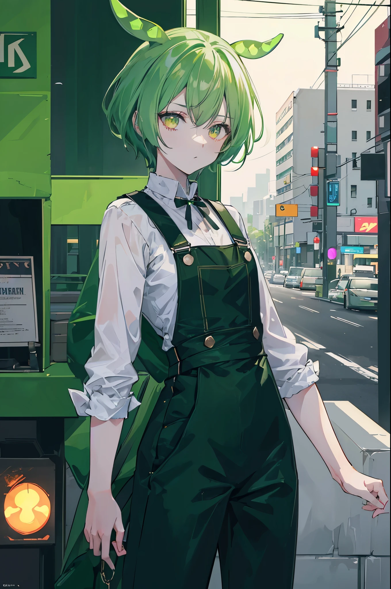 high quality, (figure:1.2), (super detailed), dark green hair,eyes are yellow,white shirt,green overalls,City of night,neon street, he is smoking a cigarette,high contrast, (best illumination, very delicate and beautiful), ((cinematic light))