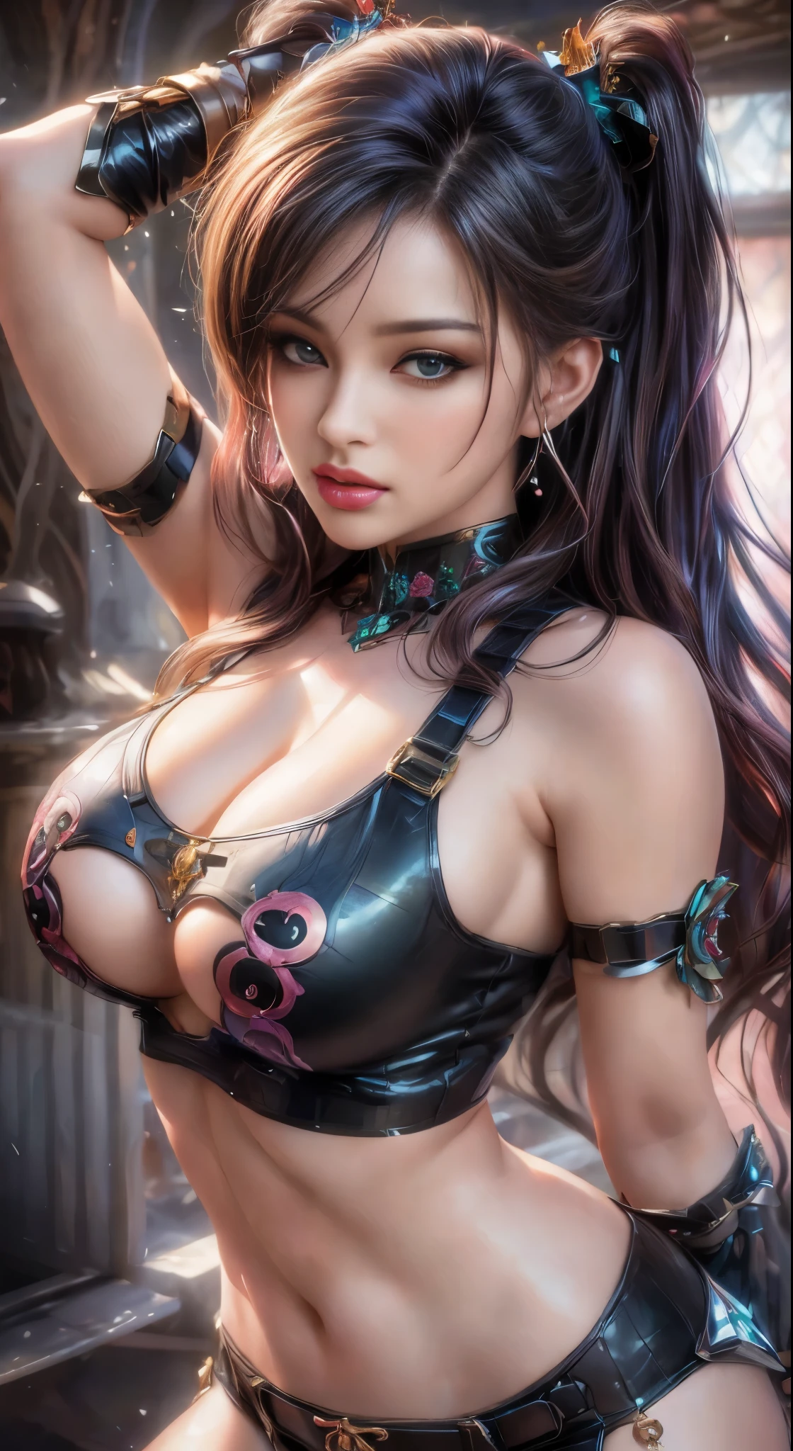 (best quality, realistic, photo-realistic:1.37), vibrant colors, y female, oversized bred thighs, seductive pose and looks, smooth curves, sensual pose, soft lighting, anime-style, long flowing hair, detailed eyes and lips, alluring gaze, intricate clothing, fantasy backdrop, dreamy atmosphere.