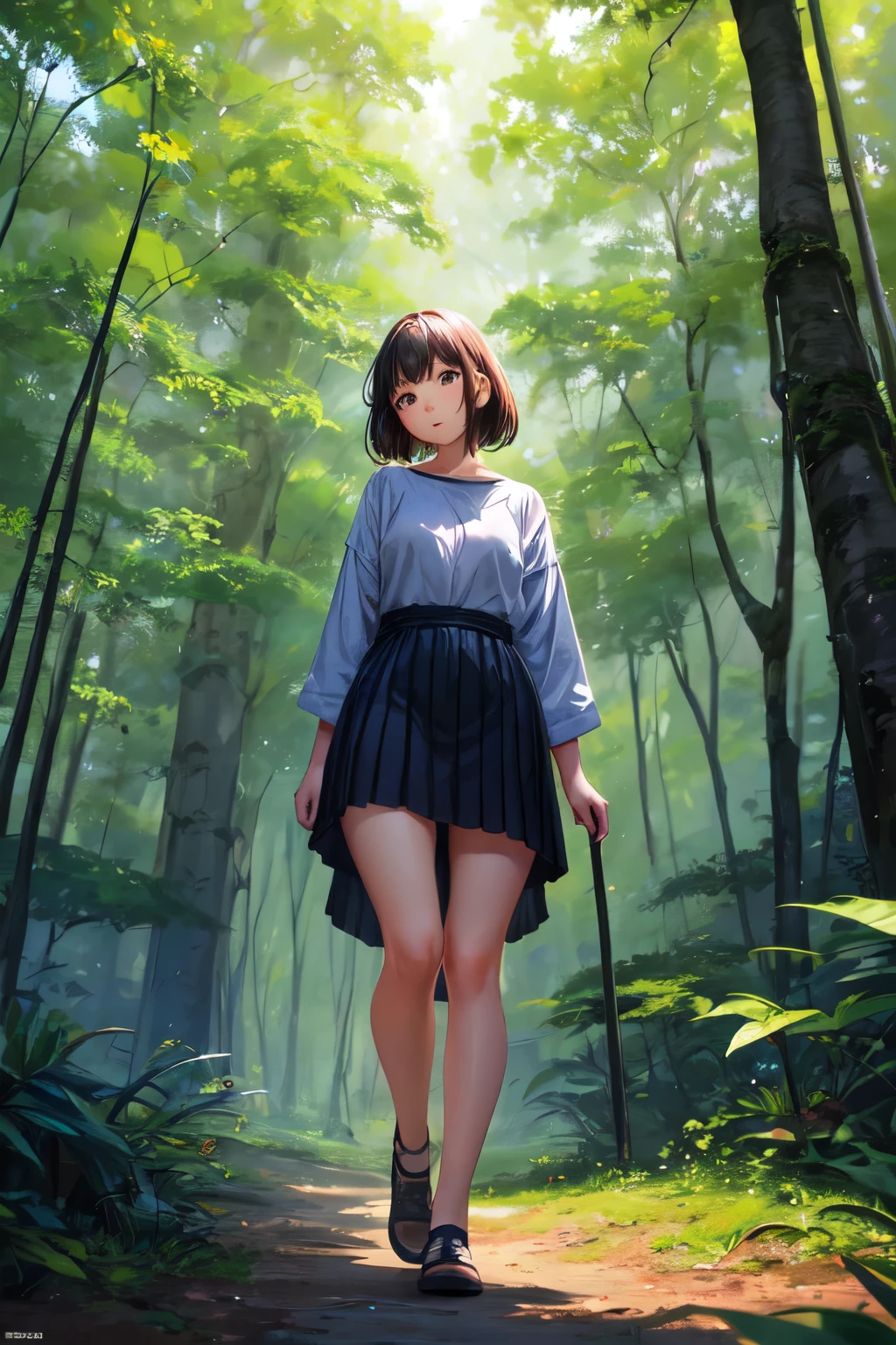 Please draw an illustration of a girl standing in a forest surrounded by deep greenery. Please change the size of the image.16:9In the proportion of