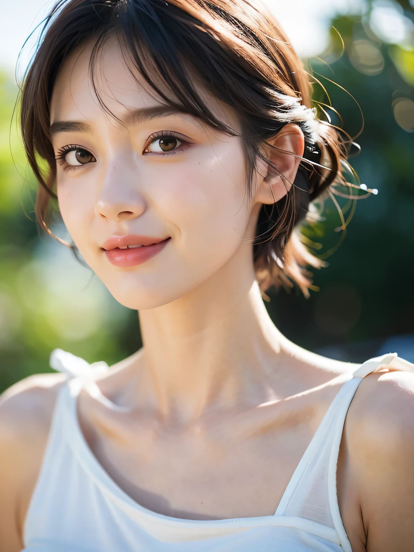 masterpiece, highest quality, RAW photo, 8k, 1 girl, close, cute, Girly, shy, embarrassing, smile, focus on the face, (the face is in focus:1.2) Fine and beautiful skin, Backlight, soft light, luminescent, look away, anatomically correct, short hair, bangs, Eye and face details, rough skin, professional photography, Bokeh, portrait, professional lighting, alone, film grain, blouse,