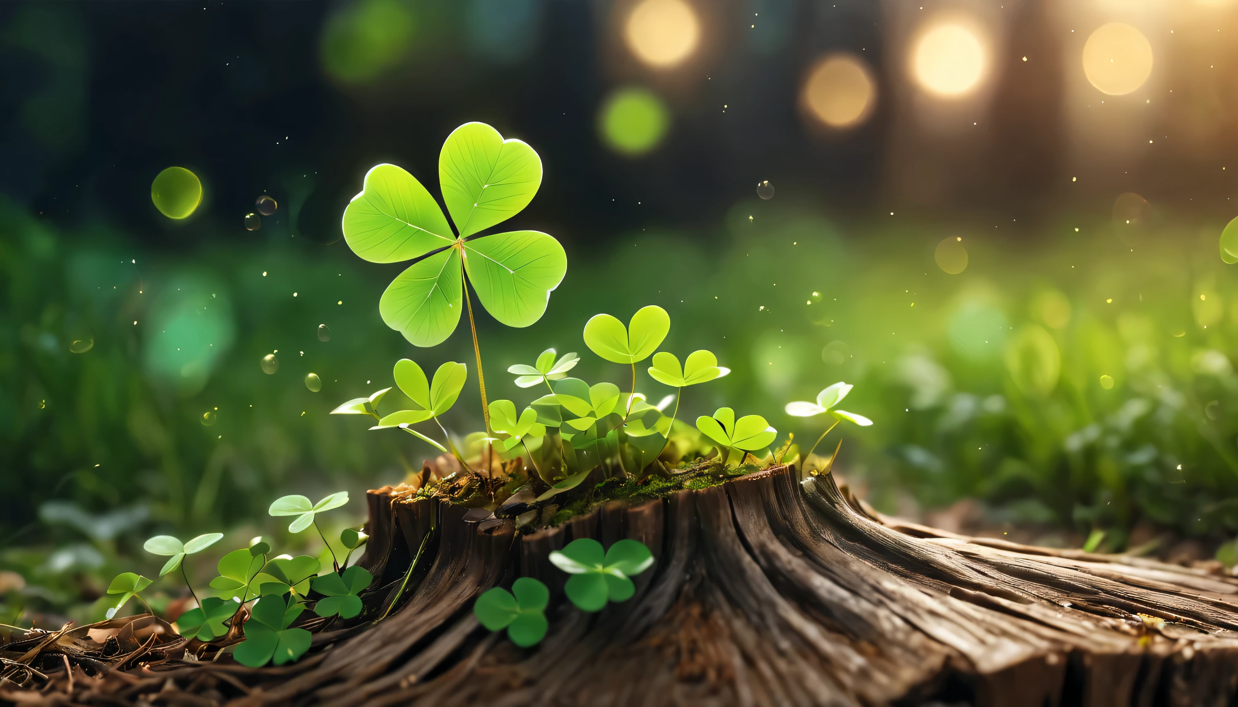 Plant growing from tree stump close-up:1.37, four leaf clover,fascinated by nature, background full of lucky 四葉草s, glowing green, leaves and magic.beautiful!!!!!!!!!, green blessing, Natural and realistic rendering.Foreground illuminated by fireflies.Best Essay. anatomically correct.bokeh background(best quality,4k,8k,high resolution,masterpiece:1.2),super detailed,(actual,photoactual,photo-actual:1.37),