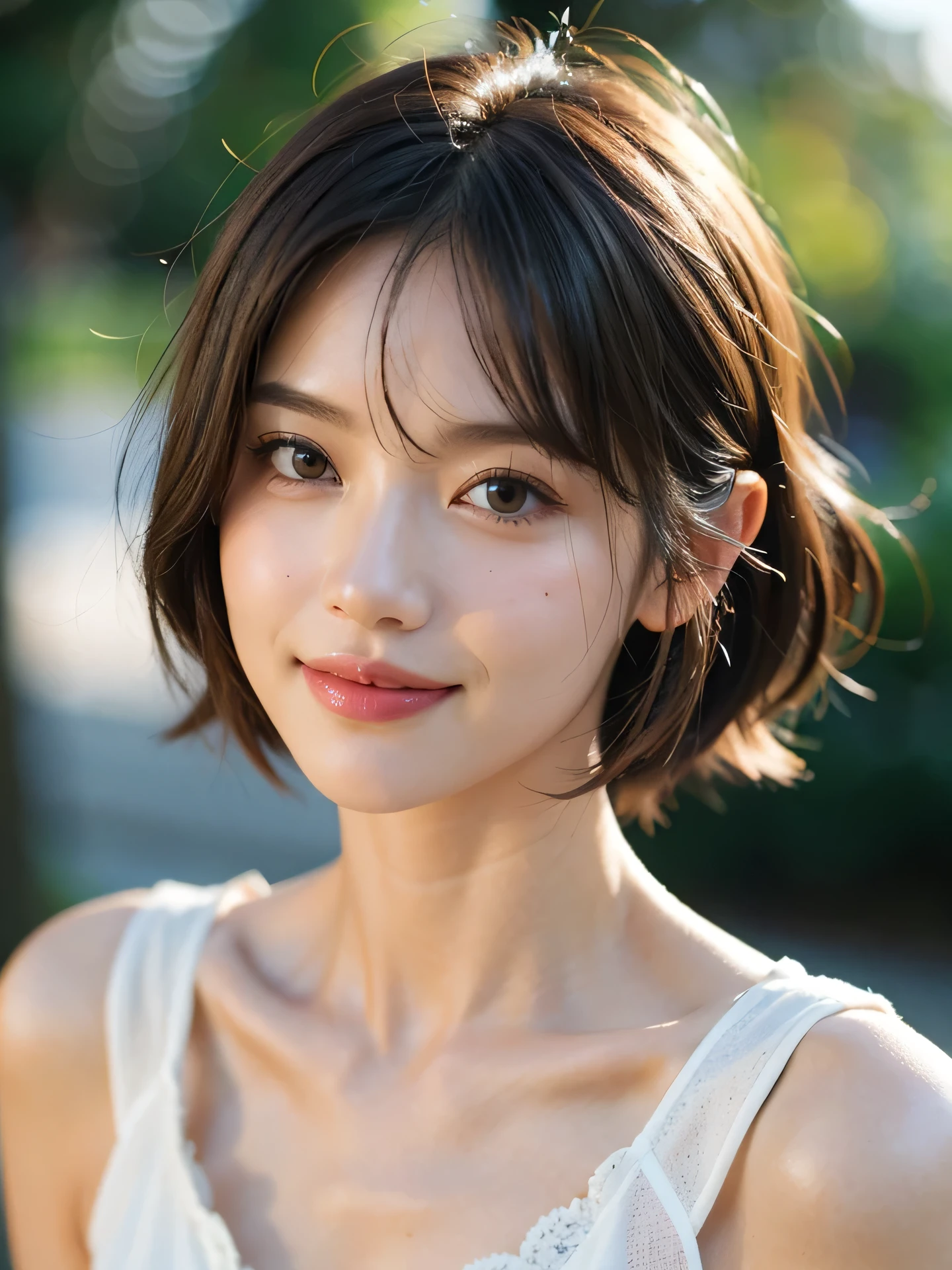 masterpiece, highest quality, RAW photo, 8k, 1 girl, close, cute, Girly, shy, embarrassing, smile, focus on the face, (the face is in focus:1.2) Fine and beautiful skin, Backlight, soft light, luminescent, look away, anatomically correct, short hair, bangs, Eye and face details, rough skin, professional photography, Bokeh, portrait, professional lighting, alone, film grain, blouse,