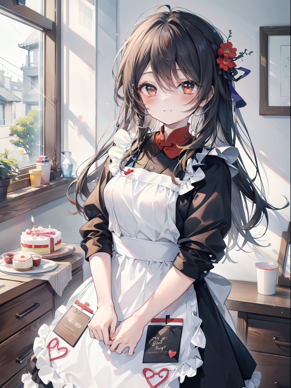Hu Tao 、Good looking girl (blush, perfect face), independent , looking at camera, masterpiece, anime art style, cute characters, most detailed, high quality、Nico Nico Smile、birthday cake、happy birthday、wear an apron at home