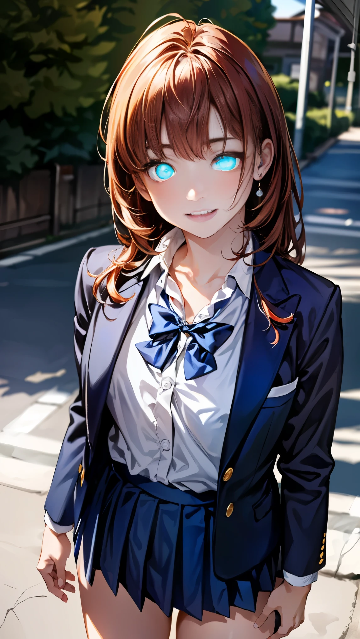 (masterpiece:1.2, highest quality), (realistic, photorealistic:1.4), beautiful illustrations, (natural side lighting, movie lighting), ,
look away, (face focus, Upper body, Front view:0.6), 1 girl, high school girl, Japanese, perfect face, perfect anatomy, Cute symmetrical face, (round face), shiny skin,
(long hair:1.6, red hair), dull bangs, (Strong glowing blue eyes:1.9), small eyes, long eyelash, (medium breasts),
beautiful hair, beautiful face, detailed and beautiful eyes, beautiful clavicle, beautiful body, beautiful breasts, beautiful thighs, beautiful feet, beautiful fingers,
(((navy blazer:1.6, Navy pleated mini skirt), closed blazer, gray bow tie, white collared shirt), black thigh highs),
(beautiful scenery), Depth of the bounds written, morning, (schoolyard), Are standing, (put your hand on your chest), (cute smile, open your mouth),