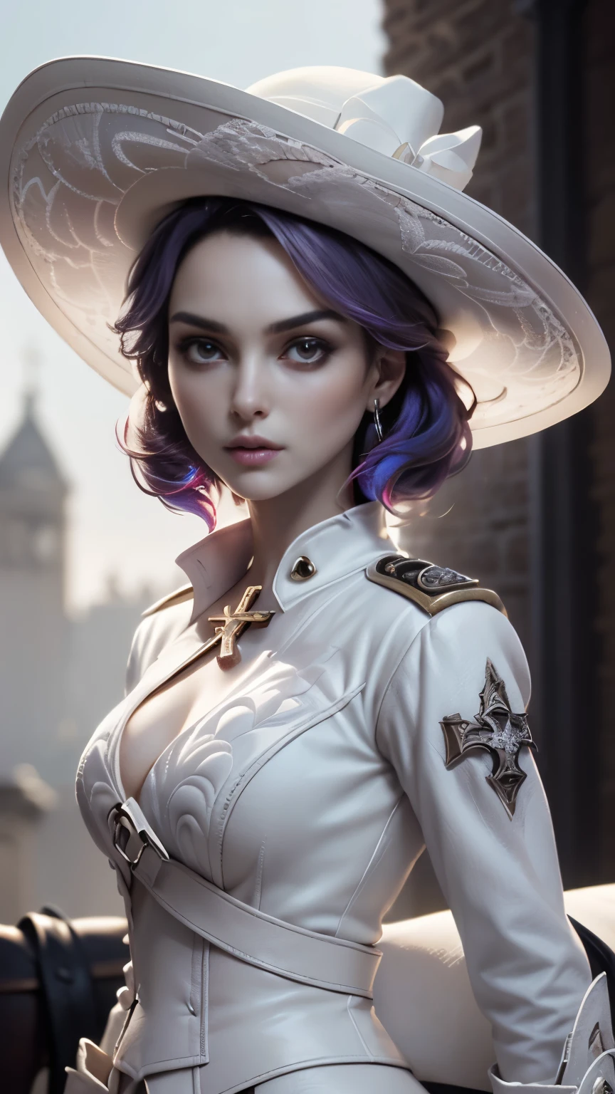 photo of celebrity, RAW, beautiful woman, ((portrait)), ((detailed face, colorful rainbow hair:1.2)), ((detailed facial feature, detailed skin, clear skin, parted lips), (perfect proportioned body, medium breasts, cleavage), (wearing palace musketeer white uniform、gothic intricate pattern、cavalry white hat、mark of the cross、long boots: 1.5)), (high detailed gothic buildings in the background: 1.3), (realistic photo, best quality, detailed), (8k wallpaper), (cinematic lighting, dramatic lighting) (sharp focus, intricate)