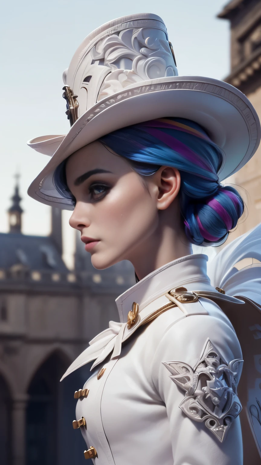 photo of celebrity, RAW, beautiful woman, ((portrait)), ((detailed face, colorful rainbow hair:1.2)), ((detailed facial feature, detailed skin, clear skin, parted lips), (perfect proportioned body, medium breasts, side boob), (wearing palace musketeer white uniform、gothic intricate pattern、cavalry white hat、mark of the cross、long boots: 1.5)), (high detailed gothic buildings in the background: 1.3), (side profile, realistic photo, best quality, detailed), (8k wallpaper), (cinematic lighting, dramatic lighting) (sharp focus, intricate)