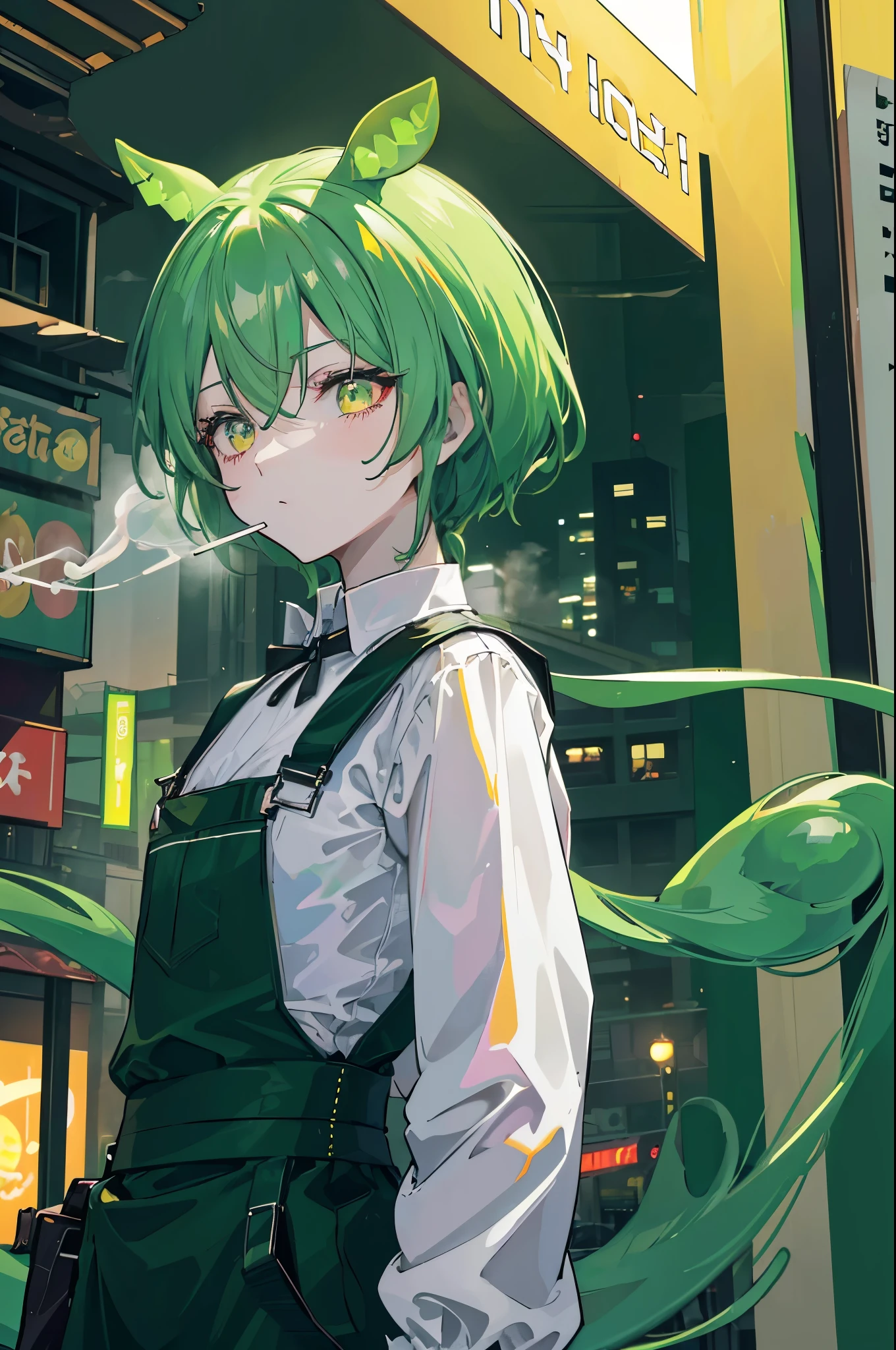 high quality, (figure:1.2), (super detailed), dark green hair,eyes are yellow,white shirt,green overalls,City of night,neon street, he is smoking a cigarette,high contrast, (best illumination, very delicate and beautiful), ((cinematic light))