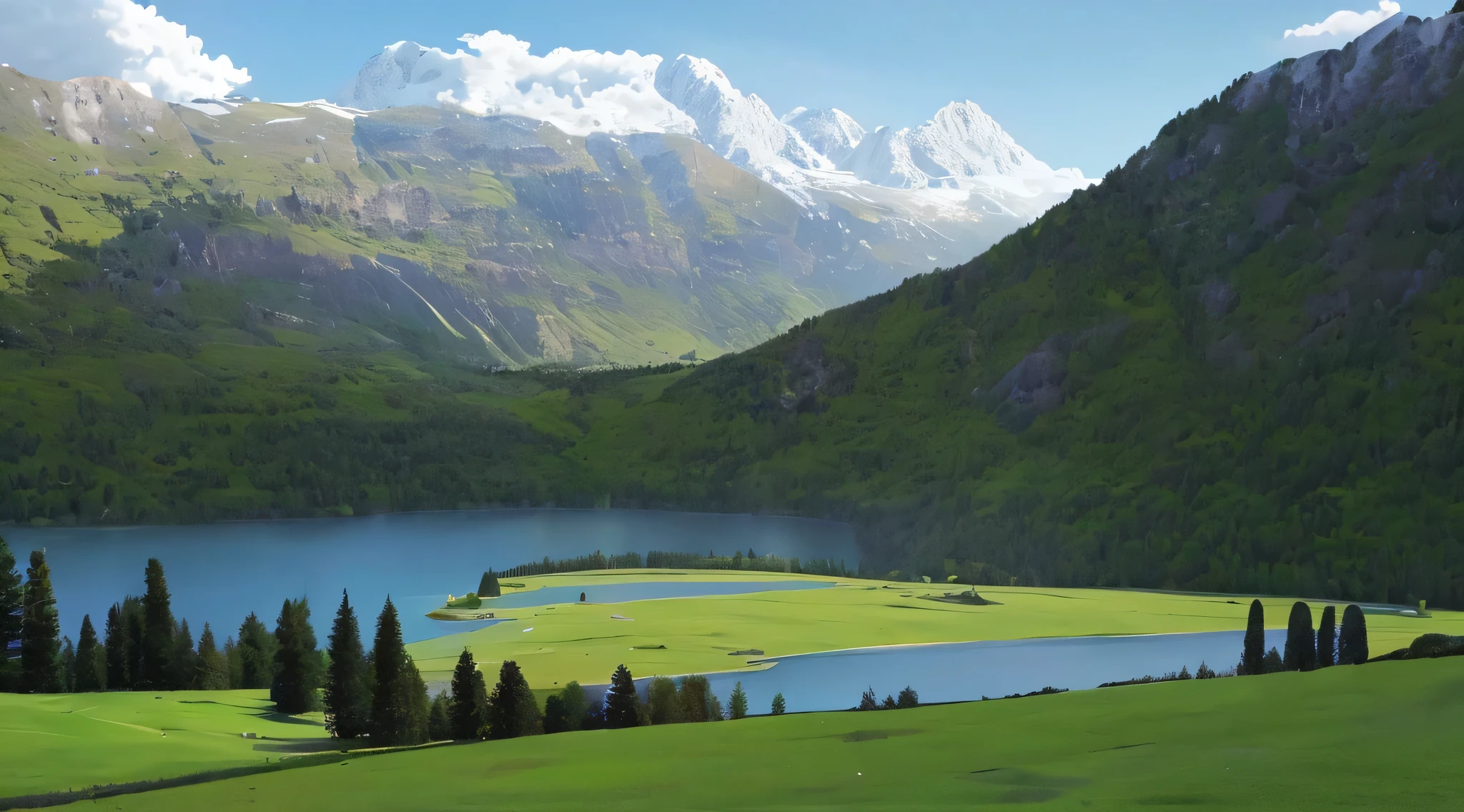 arafed view of a green mountain with a lake and a house, stunning nature in background, switzerland, amazing landscape, very beautiful scenery, swiss alps, beautiful place, epic beautiful landscape, stunning landscape, very very beautiful scenery, very very very beautiful scenery, beautifully lit landscape, in the swiss alps, breathtaking landscape, a beautiful landscape, majestic nature scenery