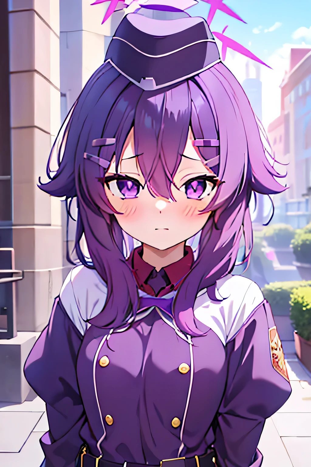 haruka_bluearchive
purple_hair, bangs, hair_between_eyes, purple_eyes, hair_ornament, halo, blush, hairclip, hat, garrison_cap, masterpiece, 8k resolutions, outdoor, upper body