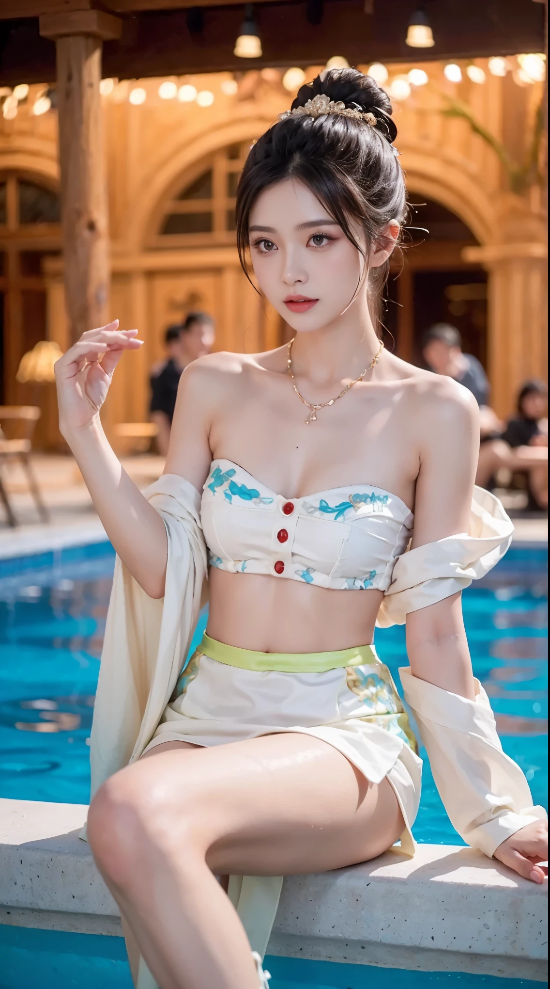 best picture quality,extremely high resolution,Very detailed,stunning girl,sitting in the pool,long eyelashes,big eyes,shining eyes,lying silkworm,plump lips,small nose,a happy expression,Sweet,Exquisite makeup,full-body shot,snow white skin,slim figure,take off shoulders,clavicle,abdomenband,abdomen,abdomen button,Slender white legs,White and tender skin,White embroidered mini skirt,necklace,Showing thighs,lace,Sweet,long hair flying,best quality,masterpiece,full-body shot,facial focus,slim figure,细腰白色abdomenband,imagine,full-body shot
Model: Hanfu, CFG scale: 7, Hire high-end talents: 1.5, Laura: future fashion(0.4)、neon(0.4)、martial arts(0.8)、Asian Face Girls-2(0.4)、poetic fairy tale(0.01)