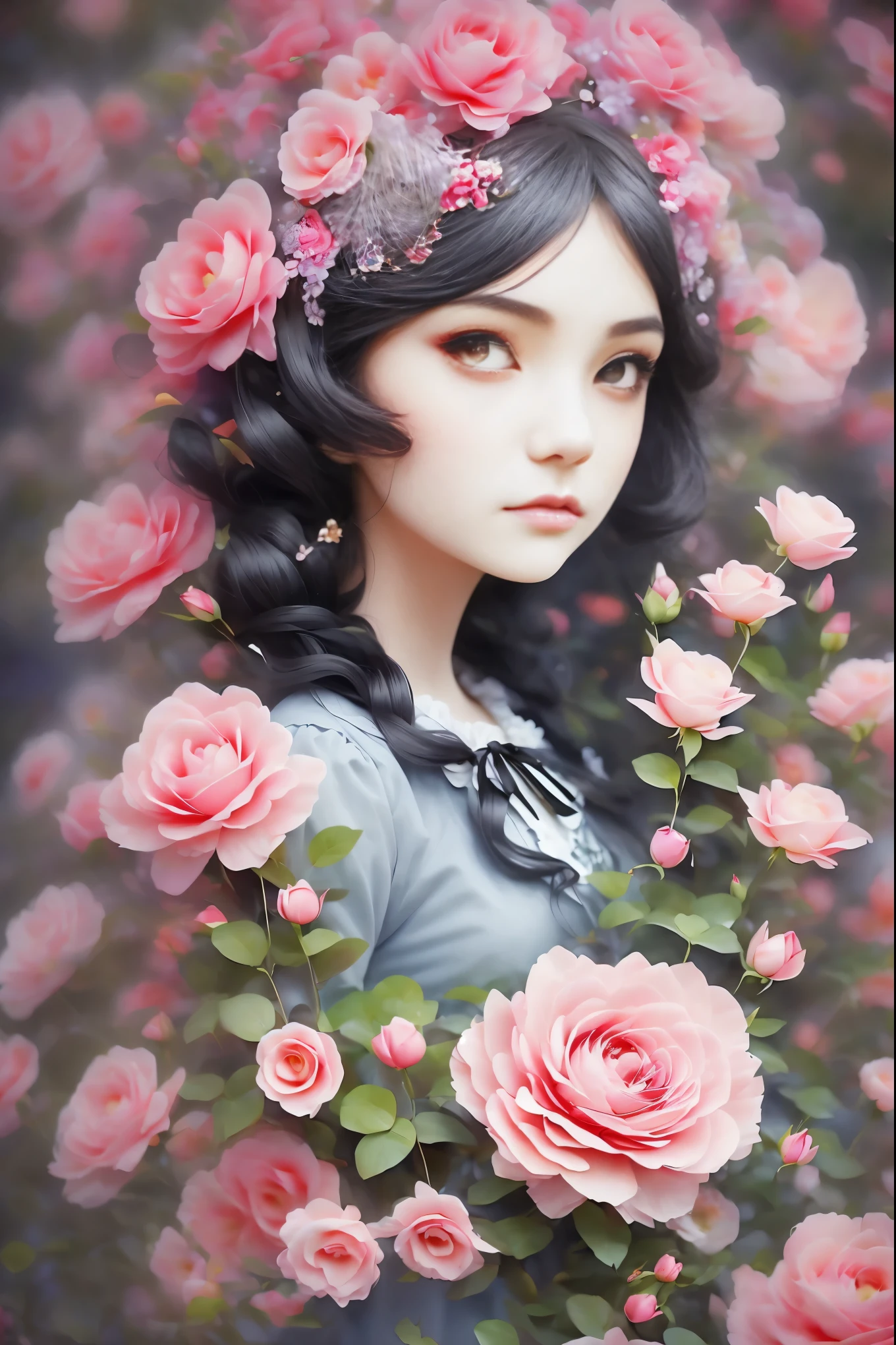 gothic lolita fashion girl、solo、twin tail hairstyle、cute face、big eyes、with waves of fresh flowers floating in a soft misty pink、Fancy and elegant botanical rose flower maximalism。flowers in the garden flow。, water, Macio Damascus, Massive amount of smoke and realistic floral fractals, octane rendering, josephine wall art, Isabel Menin, Jean, Amy Brown、masterpiece、highest quality、