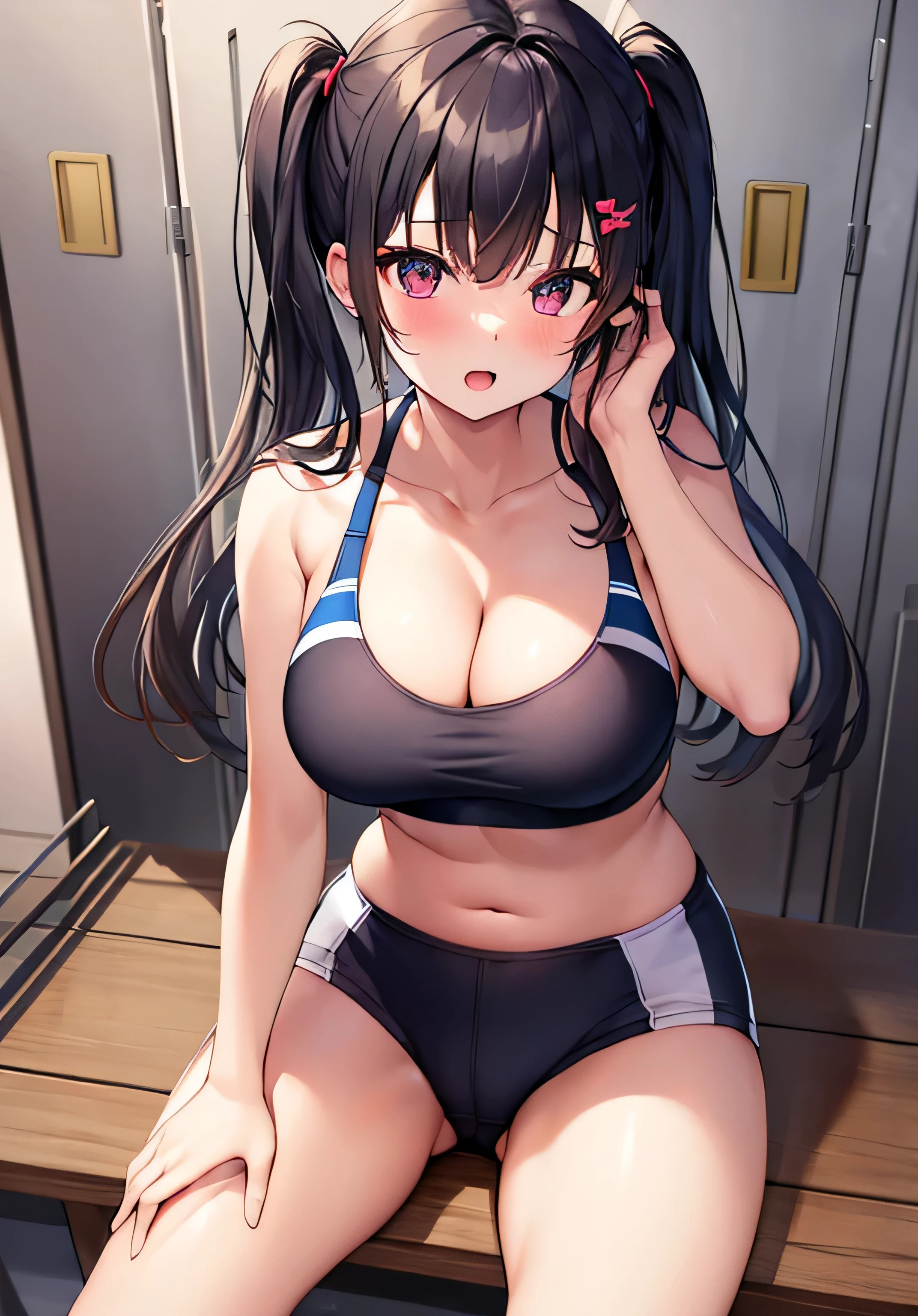 masterpiece、best image quality、ultra high resolution、age girl with big breasts、twin tail hairstyle、black hair、red face、shyly、mock、Open your mouth just a little、Sports bra that shows cleavage for teengirls、Well-shaped belly button、teenage s sports briefs、well-shaped legs、Sitting on a locker bench with legs apart、Inside the locker room