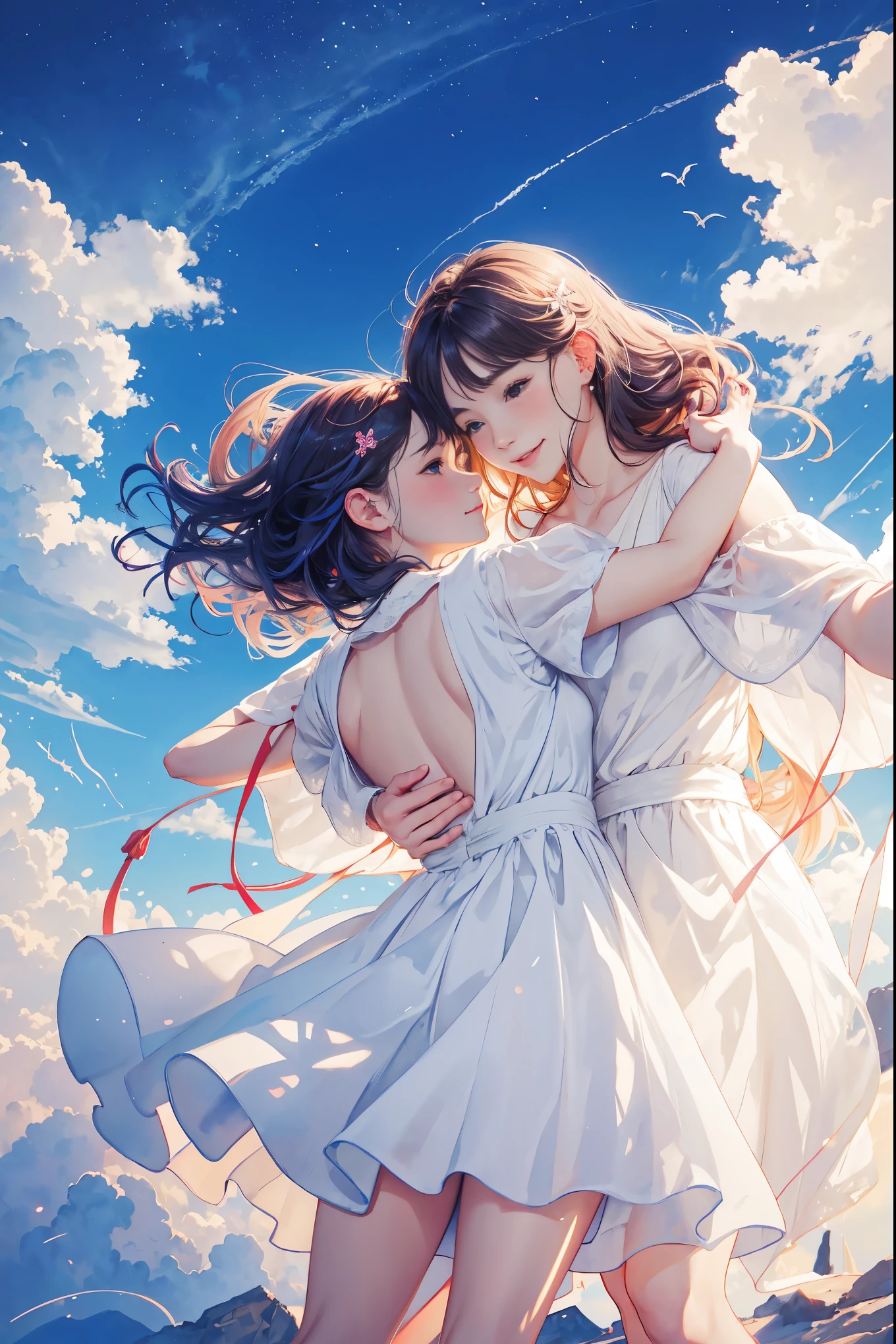 8k,masterpiece,highest quality, (from below:1.6) ,dynamic pose,Two girls hugging each other、 bright lights, long hair, Wind、 smile, watercolor painting \(Moderate\),watercolor painting,(body-hugging white dress:1.3)