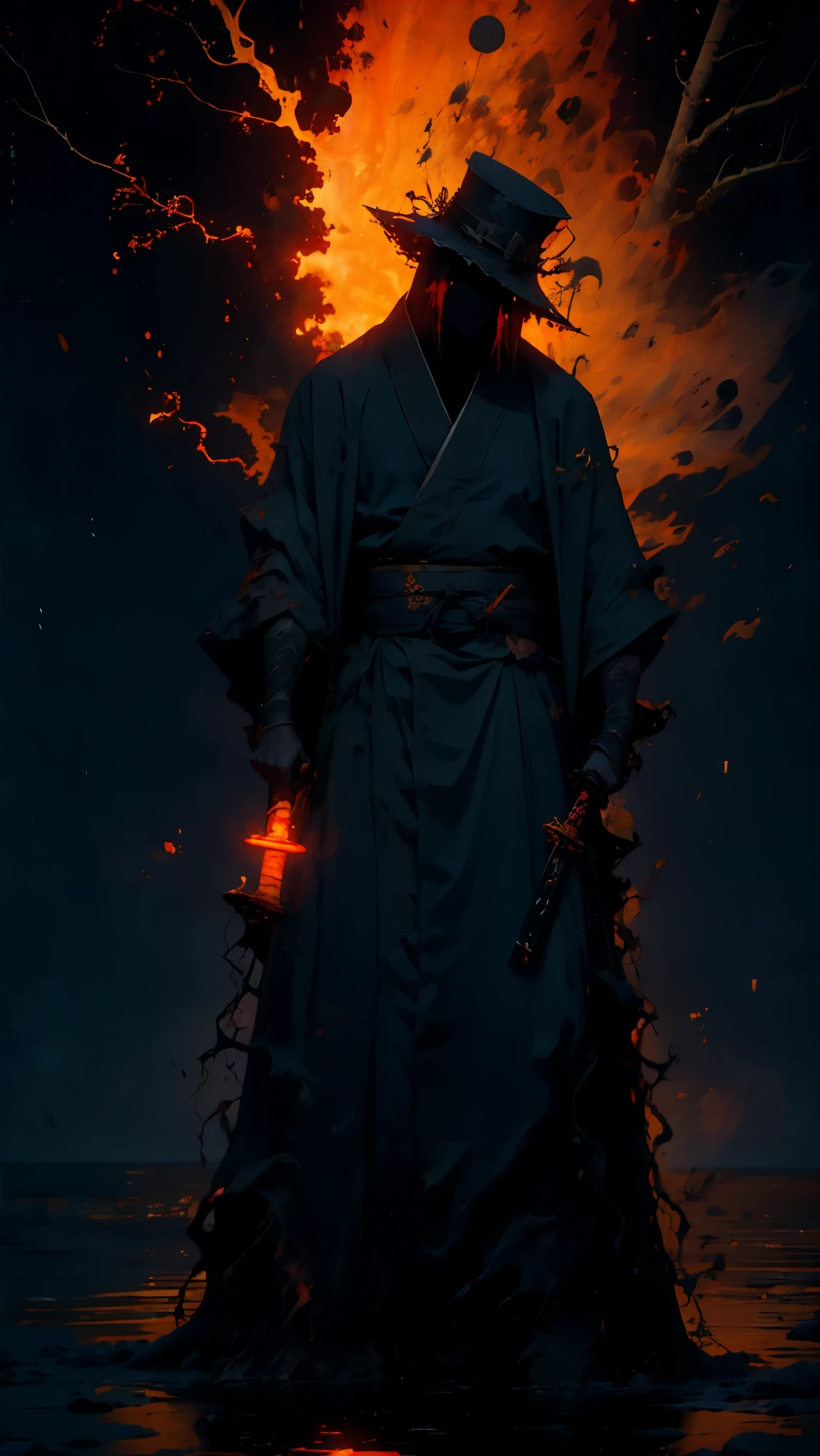 (Mejor calidad,ultra detallado),oscuro,wet,gotas de lluvia artificiales cayendo,ancient japanese warrior standing in the rain,japanese traditional bamboo hat(kasa),paisaje de bosque denso,naturaleza majestuosa y serena,luna llena brillando intensamente en el cielo nocturno,kimono negro con rayas rojas fluorescentes que brillan a la luz de la luna,espada samurai afilada y desenvainada(katana),