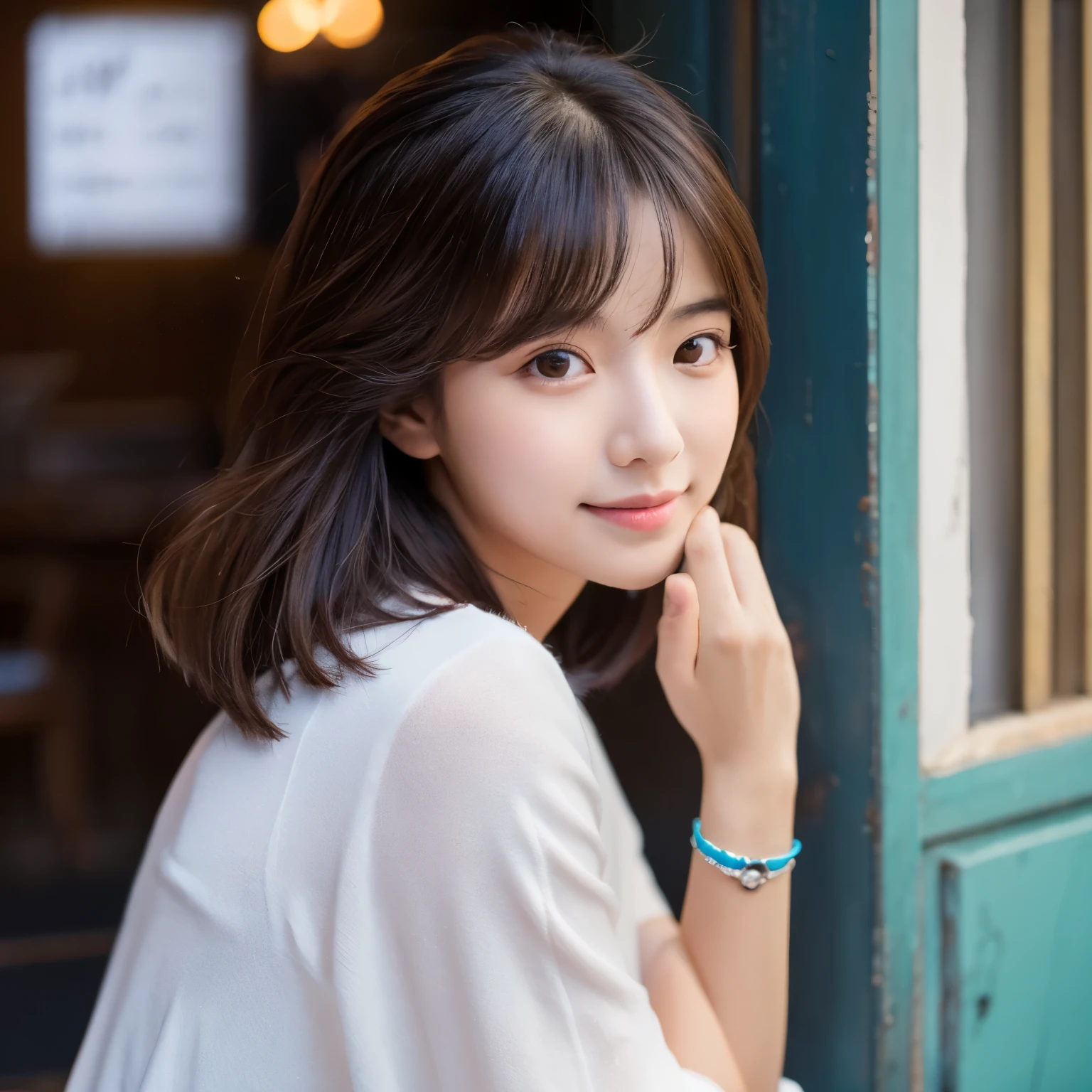 Masterpiece、Raw photography、(((Ultimate Beauty Portrait)))、((glistning skin))、close mouth、no mask、dark brown eye、、high school girl、age 15、natural make、short bob、((masterpiece、top-quality、ultra-detailliert、intricate-detail、hight resolution、highly detailed))、8KUHD、Digital SLR、Soft light、high quality 、Shallow depth of field、natural soft light、sitting with one knee up, open legs , spread legs, shy smile , Beautiful skin, ((of the highest quality, 16 K, masterpiece: 1.3)), 1 girl, Light on Face, hyper detailed face, very detailed lips, Detailed eyes、real looking skin、(satin white panties:1.3)、front view, (denim mini skirt:1.3), white dressed shirts、short bob、short cut