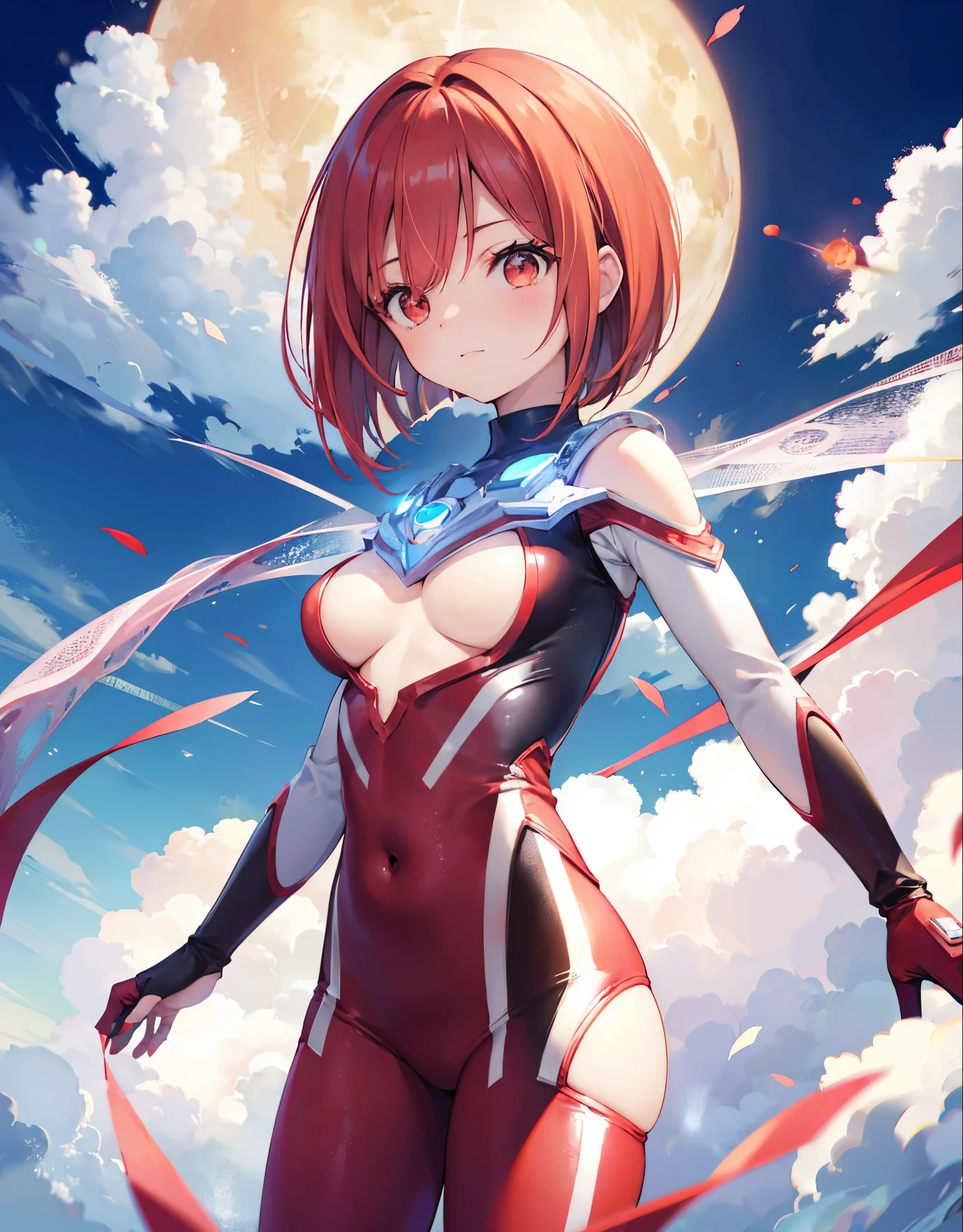 Super close-up,highest quality, ultra detail, High quality CG drawing, The most delicate and beautiful, Floating gently, High resolution, (1 girl), (Highest image quality,4K,8K,masterpiece:1.2),(all red hair:1.5),(short bob:1.5),(red eyes:1.5), (ultra girl :1.0), (red ultraman bodysuit:1.4),slightly bigger breasts,red gloves,(Turn your back to your audience:1.3),butt,Upper body