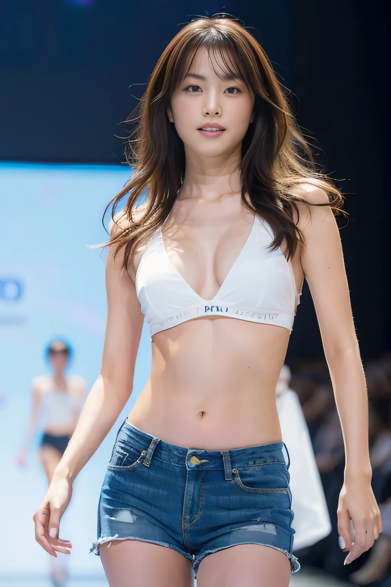 High resolution, realistic, (highest quality, 8k, 32K, masterpiece, Hmm:1.2), erotic cute japanese girl photo, walking the fashion show runway, (denim shorts, micro bikini, belly button), skinny, small breasts, medium hair,