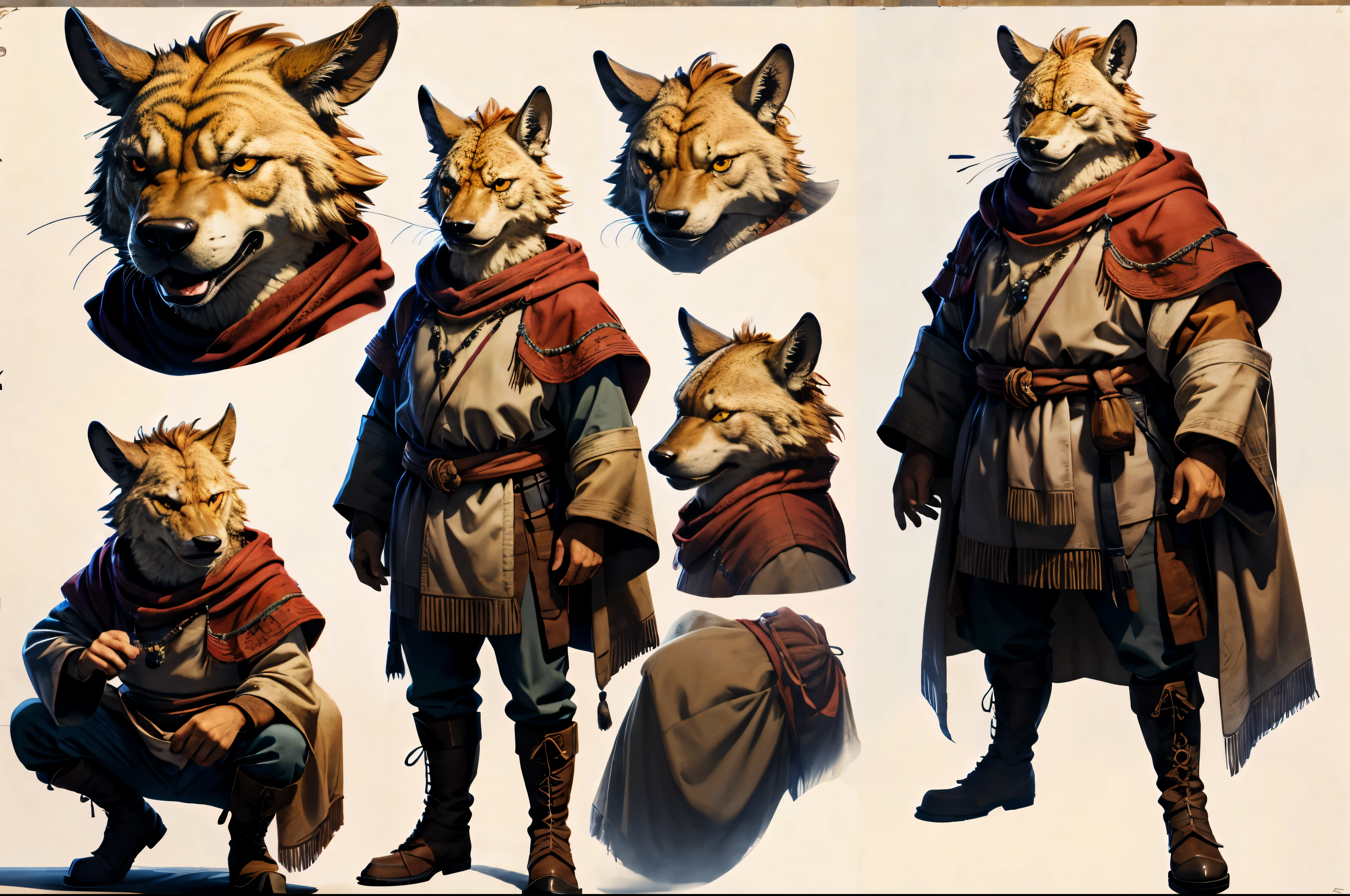 Character design sheet:1.4, character turnaround, Gnoll, monk robes, prayer beads, yellow eyes 