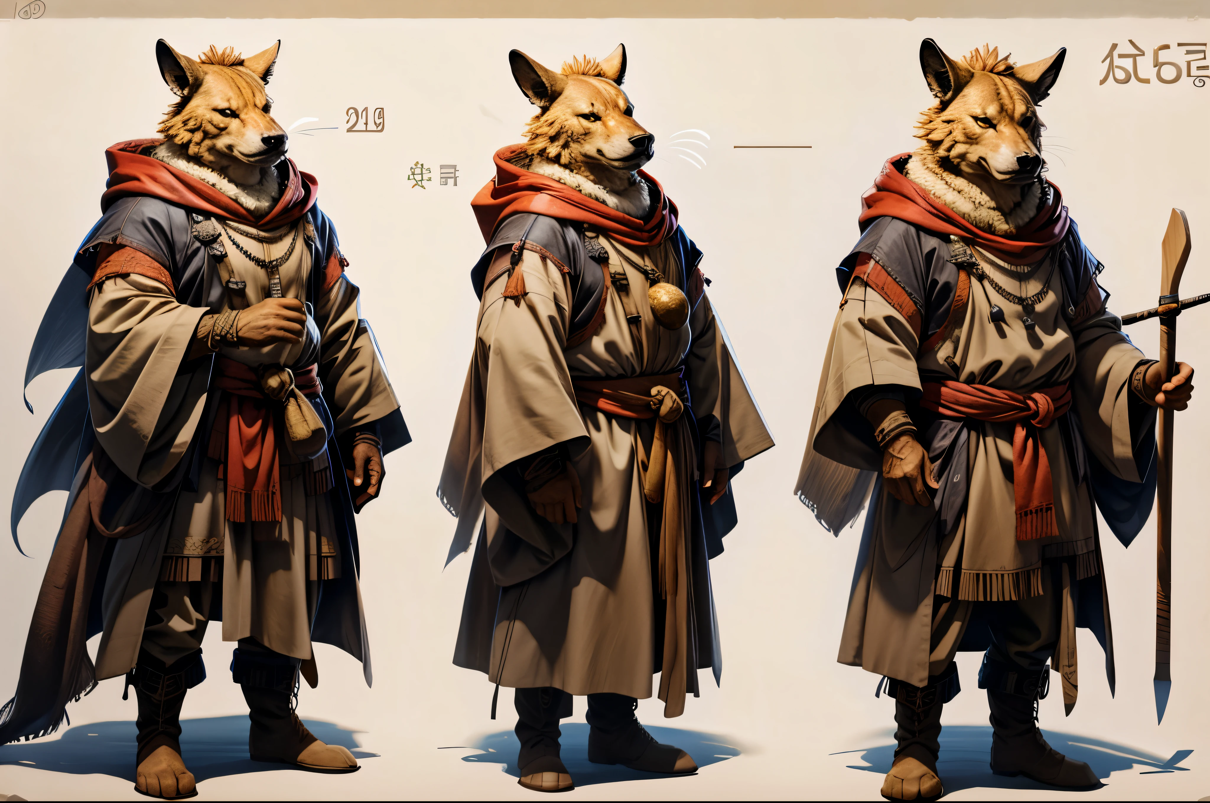 Character design sheet:1.4, character turnaround, Gnoll, monk robes, prayer beads, yellow eyes 
