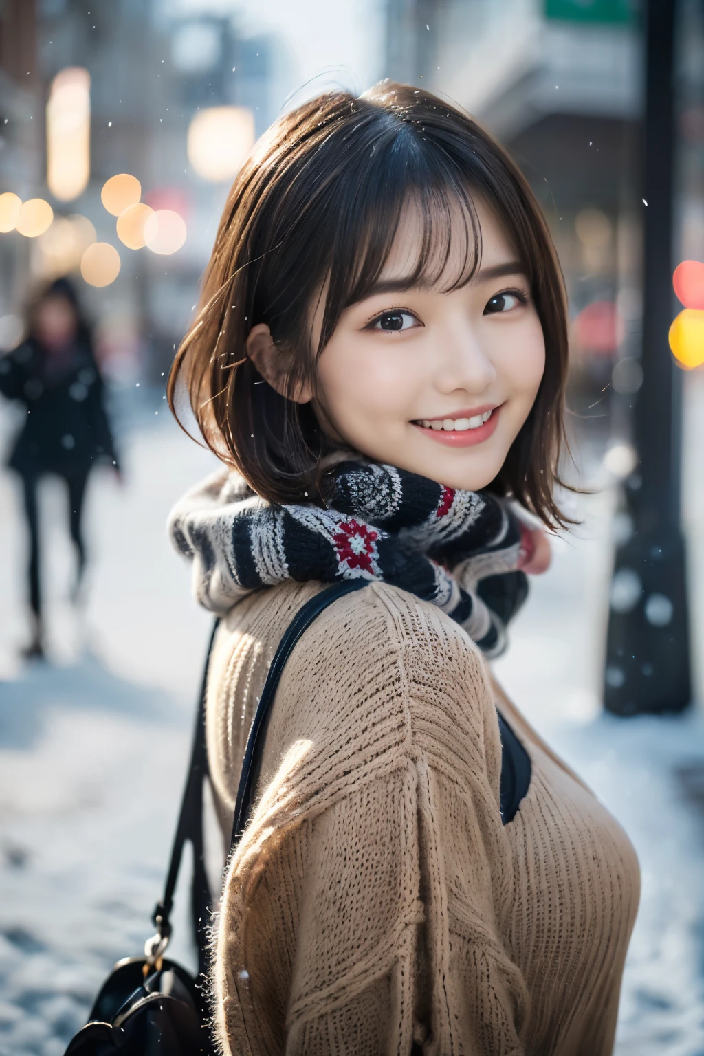 (one girl、she has a gift box in her hand、she has a shy smile、hair is blowing in the wind.。 :1.3)、(クリスマスilluminationと雪の降る冬の夜の街角:1.5)、(perfect anatomy:1.3)、(no mask:1.3)、(full finger:1.photorealistic、photograph、table top、highest quality、High resolution, delicate and beautiful、perfect face、目もとのdelicate and beautiful空気肌、real human skin、pores、(black hair),((No makeup))、(realistic、Photoreal、super detailed、best detailed skin、highest quality、masterpiece、超A high resolution)、cute japanese woman、、high school girl、young girl、1 girl、have bangs、double eyelid、drooling eyes、big black eyes、attractive、purity、cute smile、natural smile、watch here、realistic肌タイプ、thick muffler、knit sweater fluffy hair、((scarf hair))、The wind is blowing、It&#39;s snowing、illumination、lighting from behind、medium bob cut、don&#39;t show your ears，eyes are big，slightly sagging eyes，No makeup，((big breasts))，((voluminous bust))