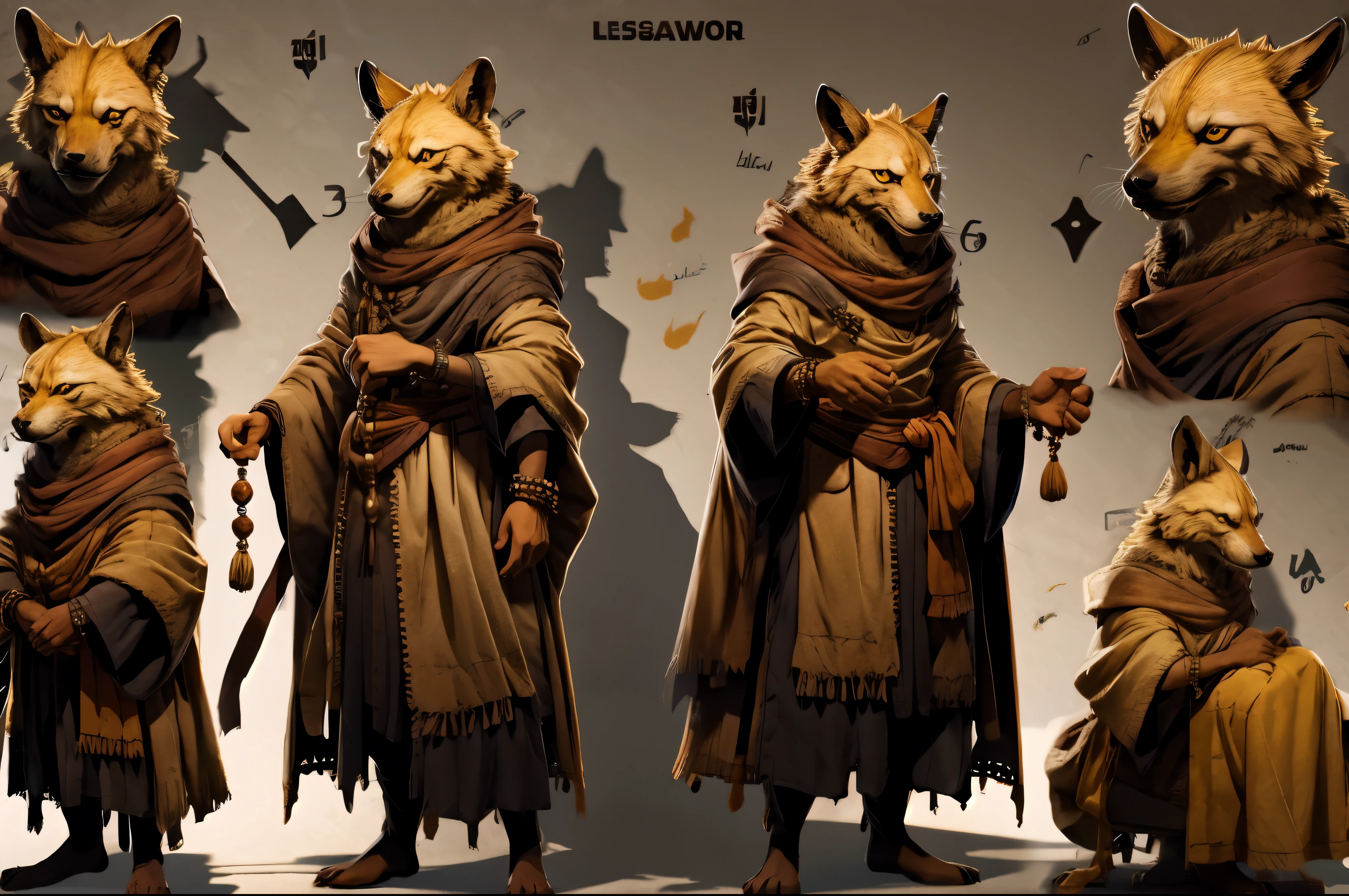 Character design sheet:1.4, character turnaround, Gnoll, monk robes, prayer beads, yellow eyes 