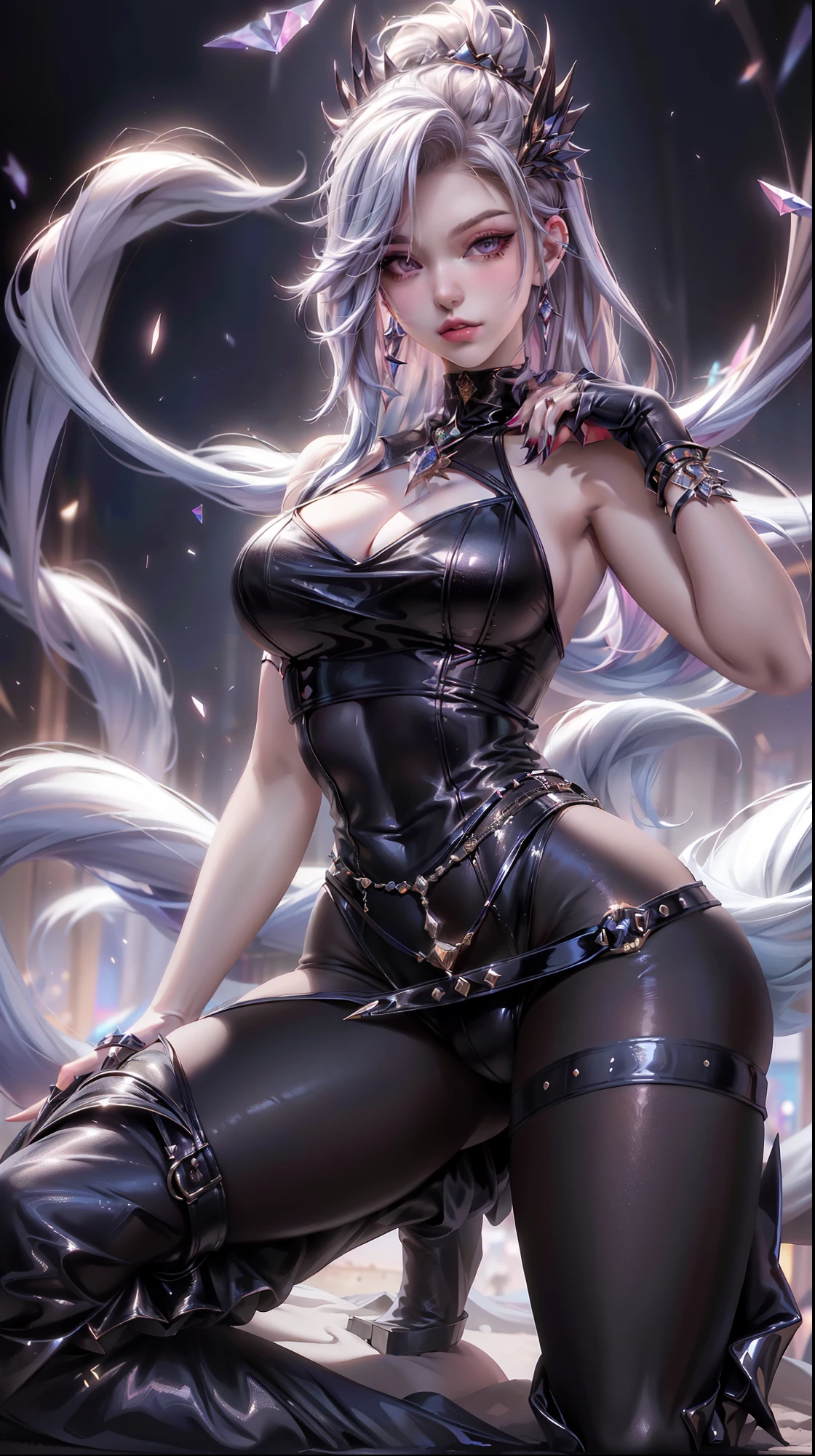 (best quality,highres:1.2), ultra-detailed, realistic:1.37, vibrant colors, soft lighting, oil painting, seductive eyes, enticing smile, flowing hair, sultry atmosphere, sensual curves, alluring gaze, captivating beauty, provocative clothing, glamorous jewelry, seductive body language, enchanting background, desire-inducing ambiance, exquisite details, flawless skin, mesmerizing allure, elegant and confident demeanor, intoxicating charisma, femme fatale, suggestive atmosphere, powerful and magnetic presence, evocative expression, enchanting and irresistible aura, sophisticated and alluring, seductive body language and pose, confident and sensual, seductress with an air of mystery, luscious lips, sensual and feminine, irresistible sensual elegance.