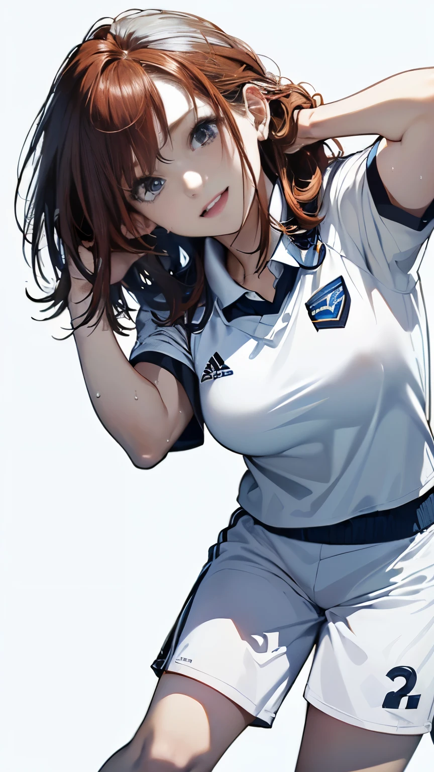 (((The background is a pure white wall)))、bust shot、upper body shot(((oil、masterpiece、highest quality、High resolution、)))redhead、sweat muscle、(((pure white background)))、medium hair、laughter、(((I&#39;m wearing a soccer uniform、blue and white uniform)))、(((I&#39;m putting my hands on my hips、I&#39;m pulling my hair up)))、