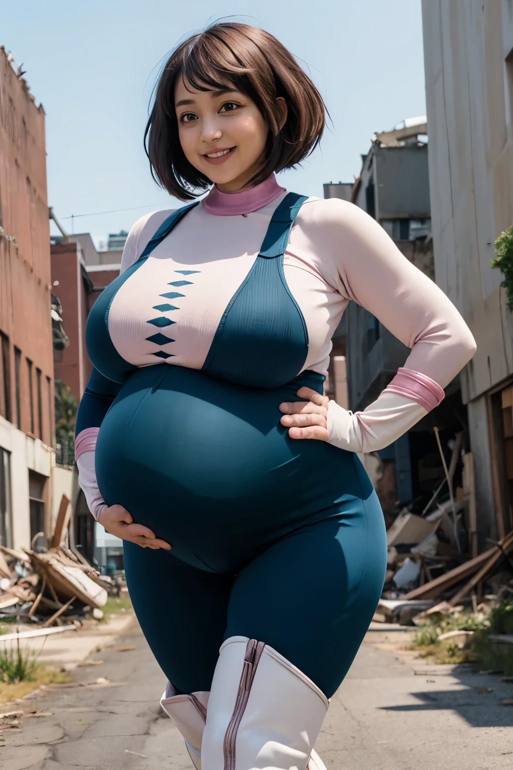 masterpiece, best quality, highres, hmochako, blush stickers, short hair, pixie cut, huge breasts, ((huge pregnant:1.3)), superhero, bodysuit, boots, ruins, building, fighting stance,  hand on hip, wide hips, thick thighs ((curvy)), latex suit, sexy, smile, sensual