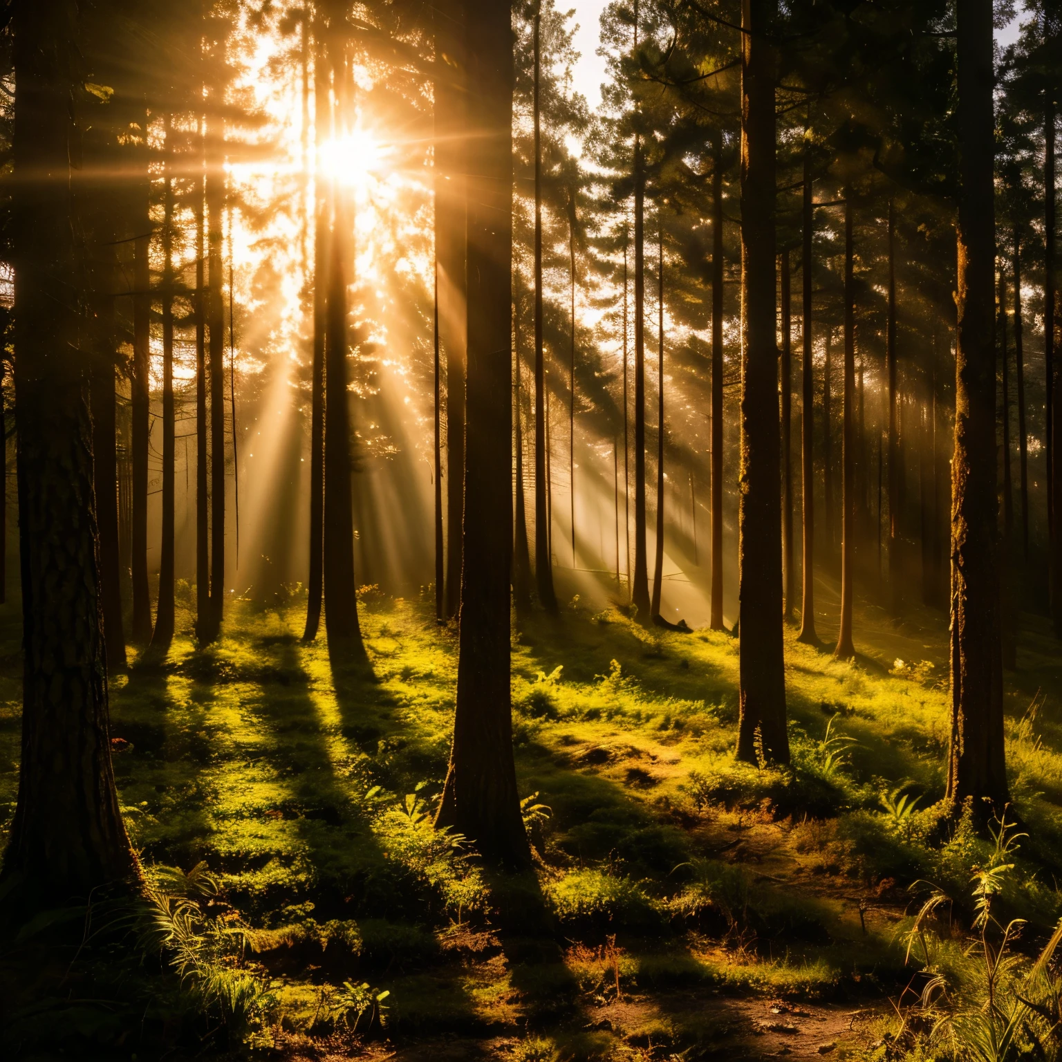 Album art with a forest design where the setting sun slightly shines through.
