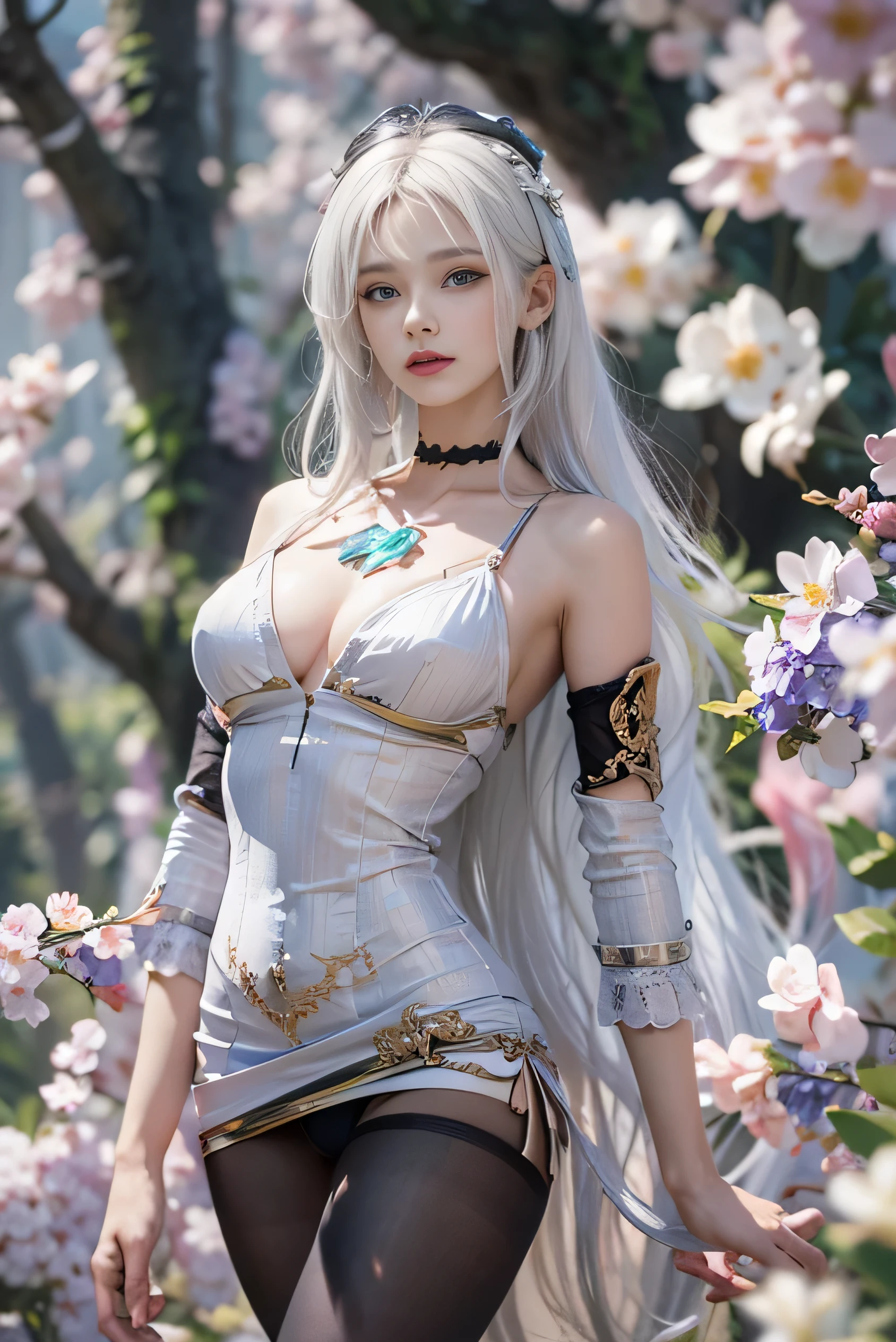 (photorealistic:1.8, highest quality:1.8,8K masterpiece:1.8,High resolution,muste piece:1.8,RAW Photos,cinematic lighting),fantasy world,1 23-year-old woman,(white leotard,long sleeve,mini skirt,choker,knee high socks,Cleavage cut,beautiful butt),beautiful detailed blue eyes:1.7,double eyelid:1.6,beautiful skin:1.8, (looking at the camera:1.5),(View from the front:1.4),( midium Hair:1.2,beautiful shining white hair:1.5), expression(Stoic:1.3,face turns red:1.3),(Moderate chest:1.3), Pause(opened my legs, Seductive pose:1.5), background(A bright forest with blooming flowers),(detailed perfect face),anatomically correct,normal hands:1.5,normal finger:1:5,normal feet:1.5,Best ratio 4 fingers and 1 thumb,(cameltoe),No split screen