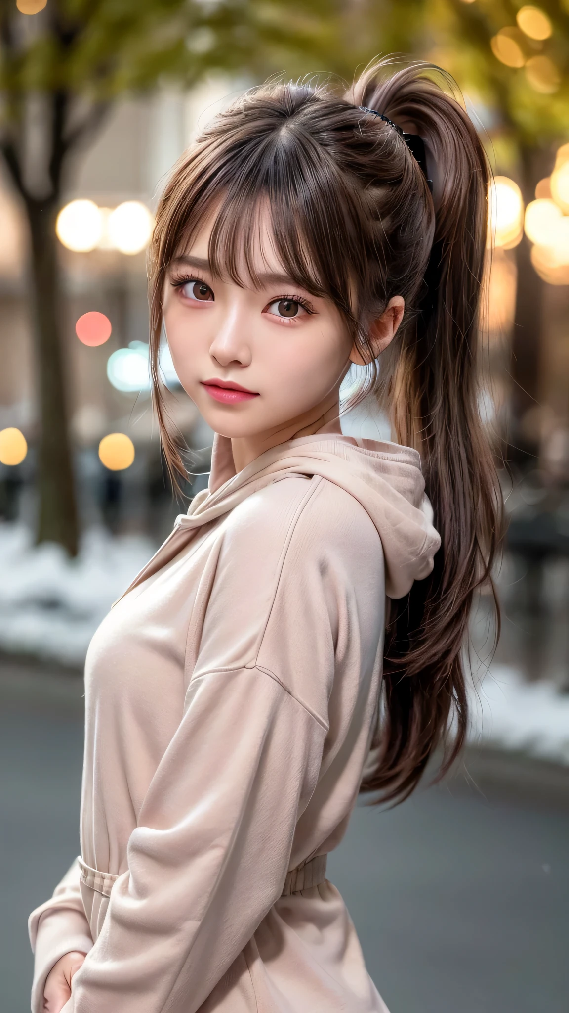 blush,,small breasts,winter,european cityscape,night,long hair ponytail,outdoors,warm winter clothes,wearing a hoodie with a hood,wearing jeans,close up of face,((8K, Raw photo, best quality, muste piece:1.2), (Reality, photorealistic:1.4), (Highly detailed 8K wallpaper), Depth of the bounds written, cinematic lighting, soft light, detailed beauty eye,Shiny and smooth light brown ponytail, asymmetrical bangs, shiny skin, super detailed skin ,high resolution, high detail, detailed hairstyle, detailed beauty face, hyper real, perfect limbs, perfect anatomy ,1 Japanese girl,famous japanese idol, perfect female body,shy smile,short eyelashes,double-edged eyelids,look straight here,Hair style is ponytail,